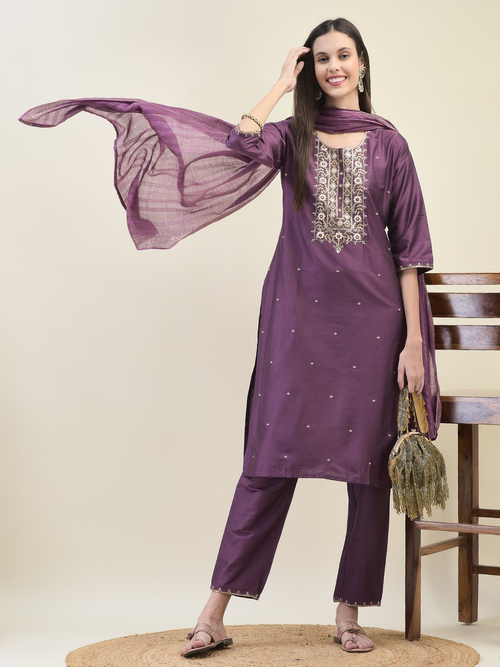 Women Poly Silk Purple Embroidered Kurta Trouser Dupatta