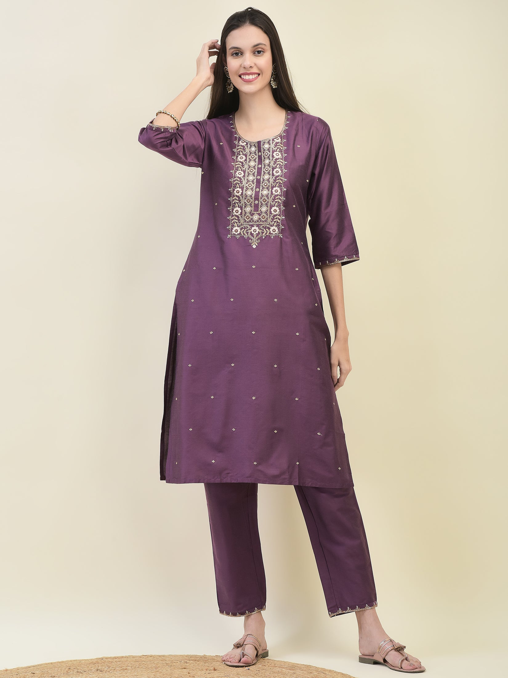 Women Poly Silk Purple Embroidered Kurta Trouser Dupatta