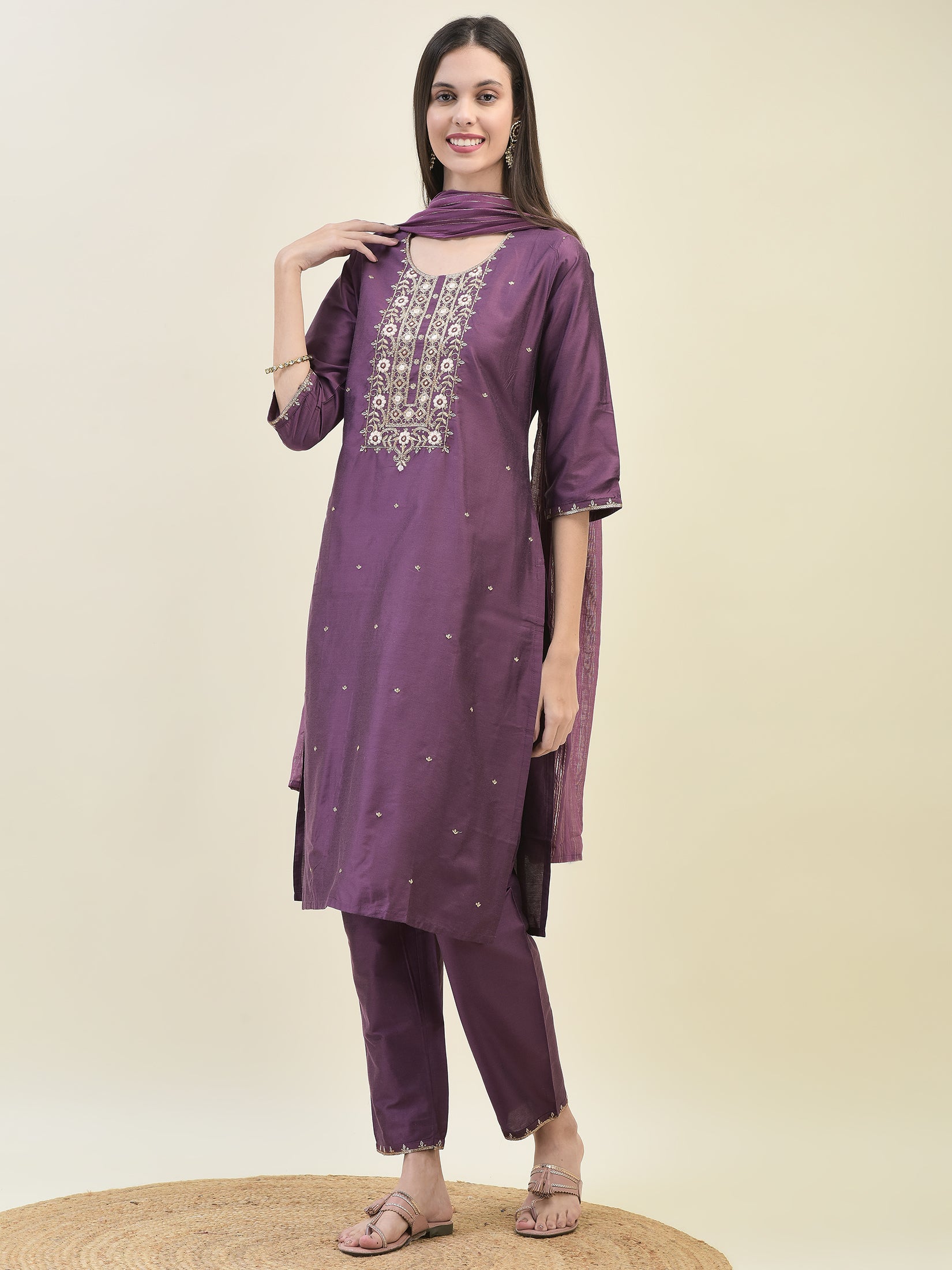 Women Poly Silk Purple Embroidered Kurta Trouser Dupatta