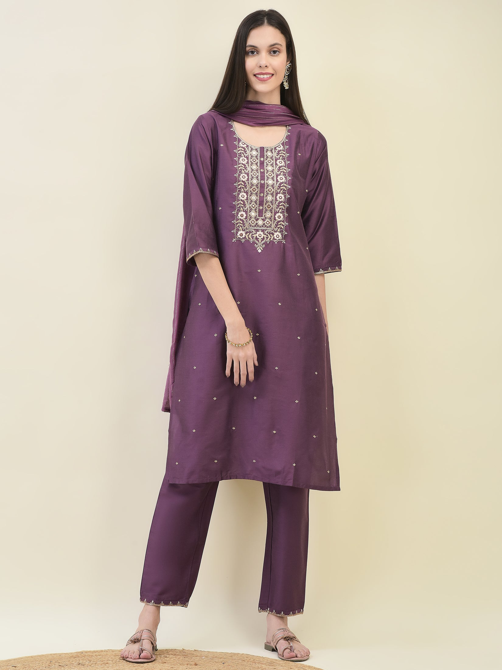 Women Poly Silk Purple Embroidered Kurta Trouser Dupatta