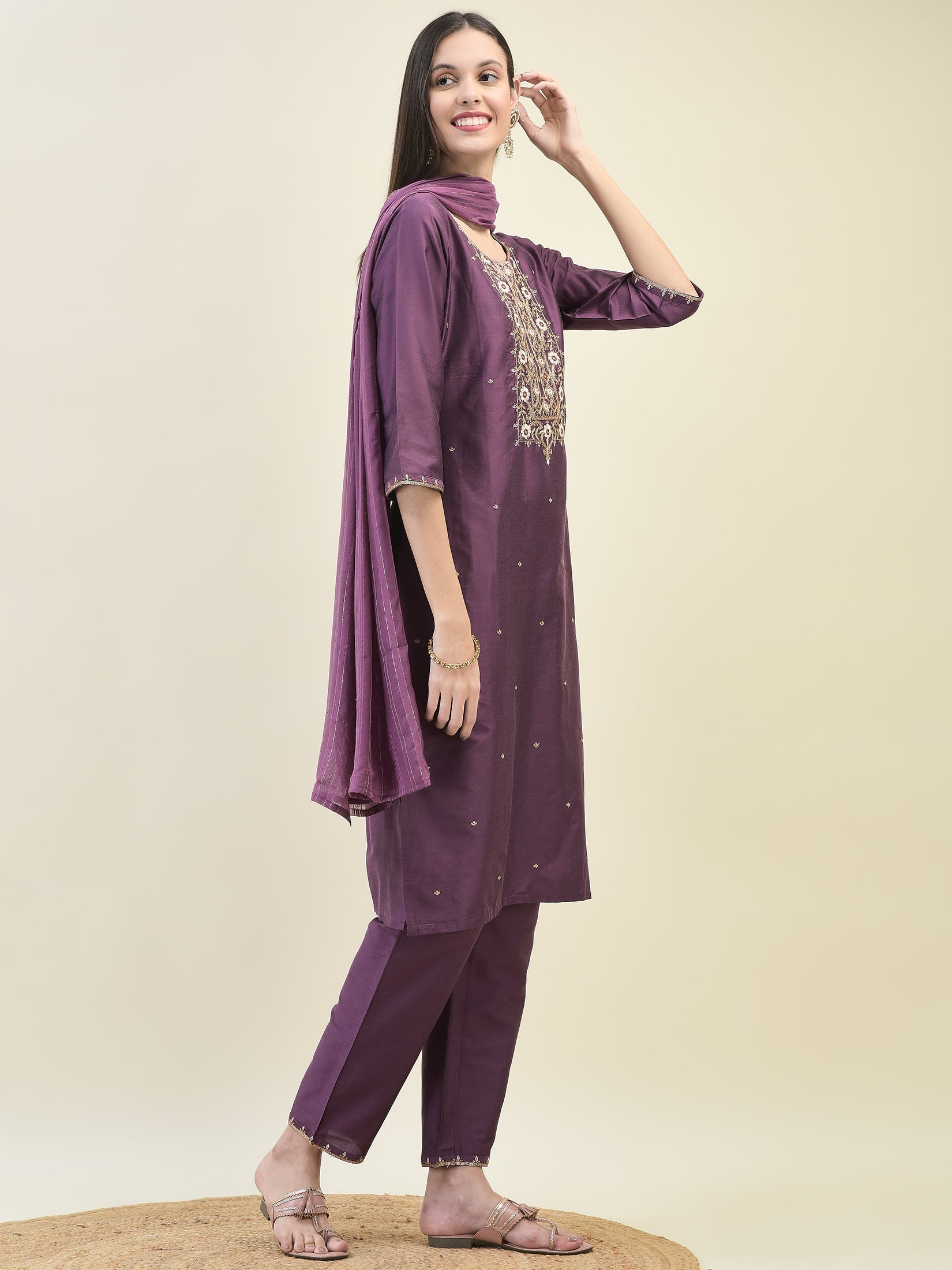 Women Poly Silk Purple Embroidered Kurta Trouser Dupatta