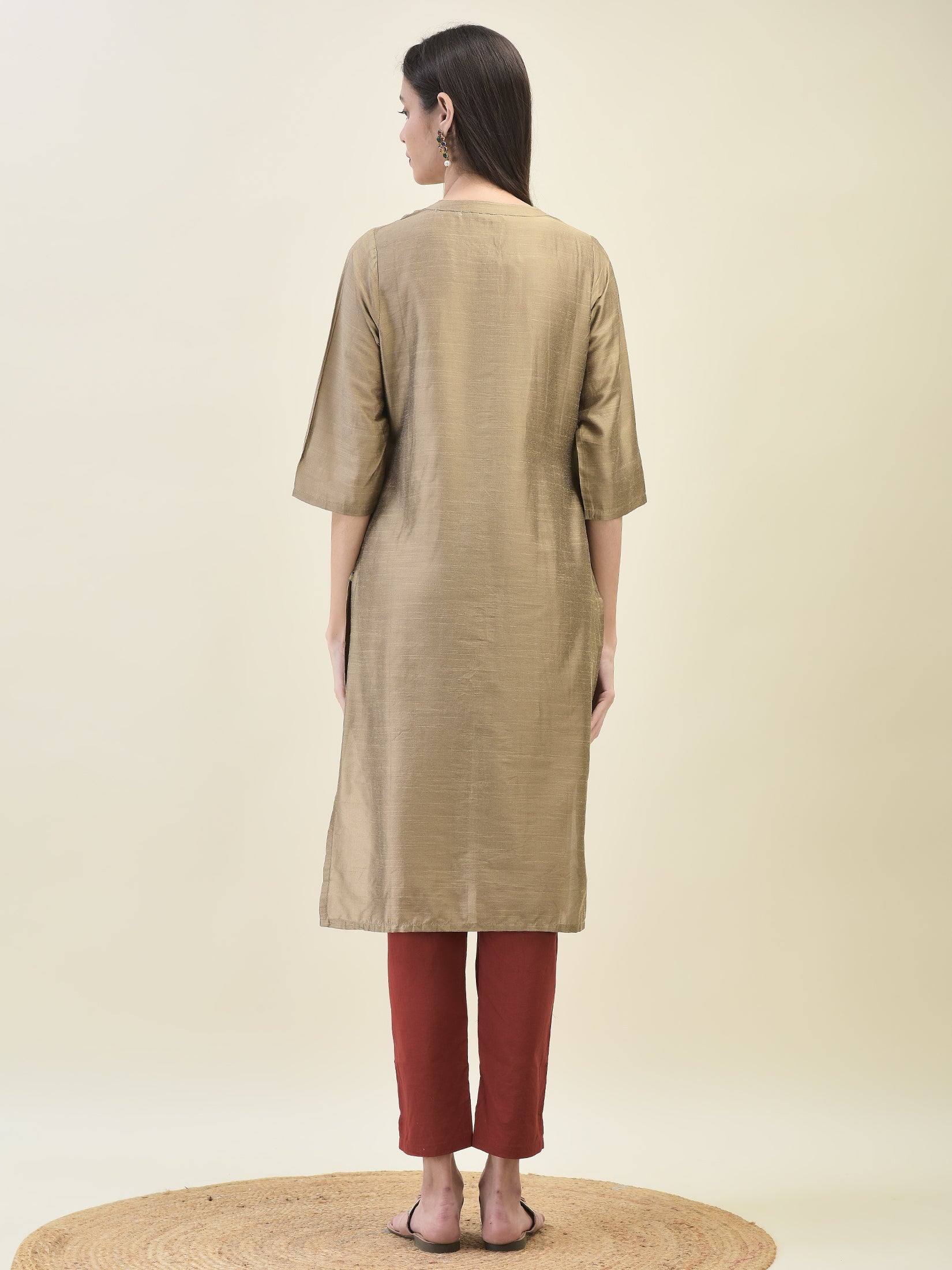 Women Poly Silk Beige Solid Kurta