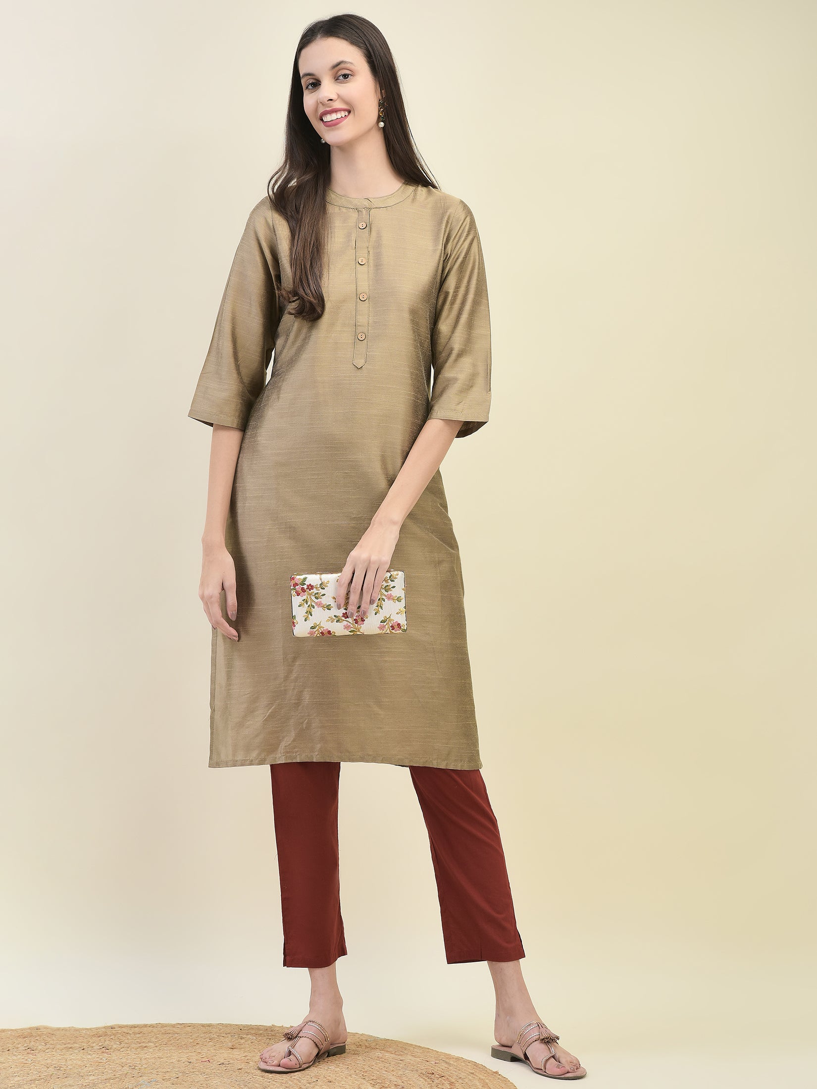 Women Poly Silk Beige Solid Kurta