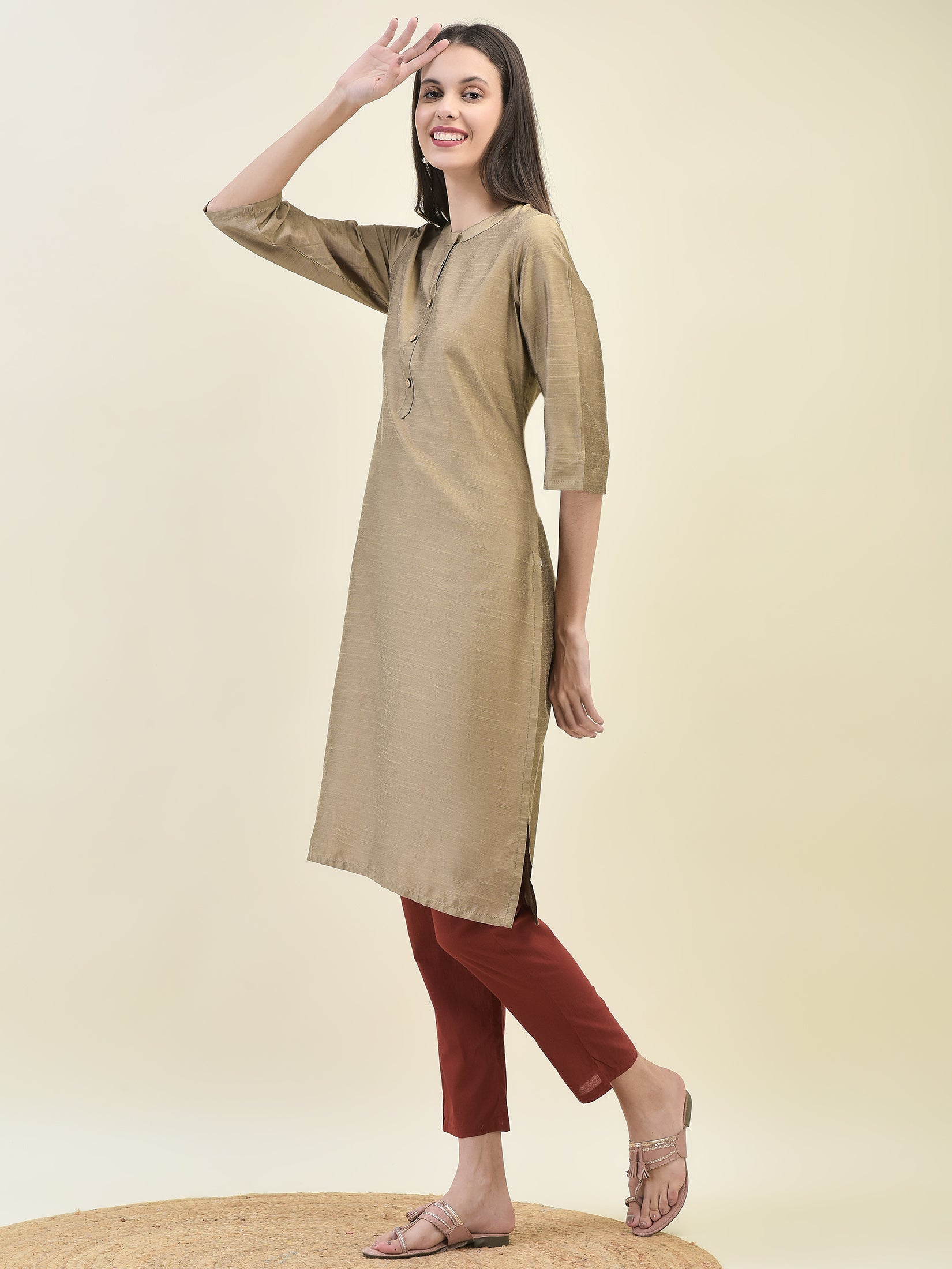 Women Poly Silk Beige Solid Kurta