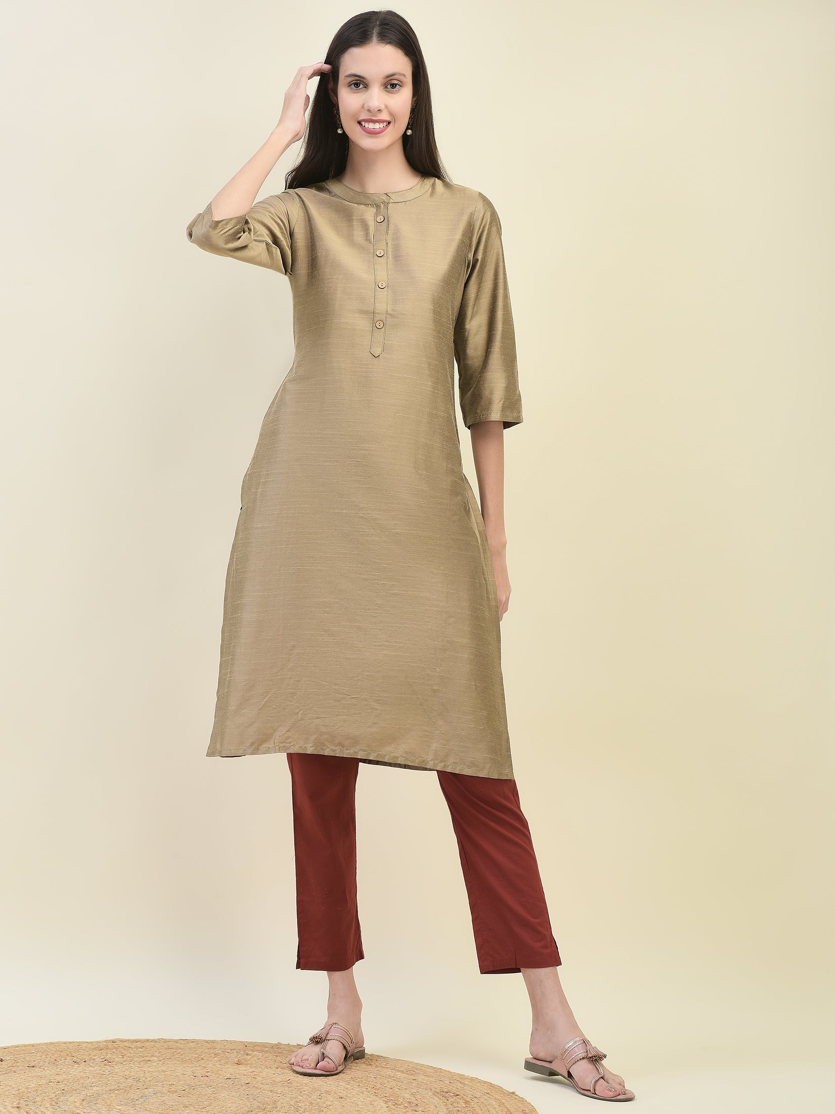 Women Poly Silk Beige Solid Kurta