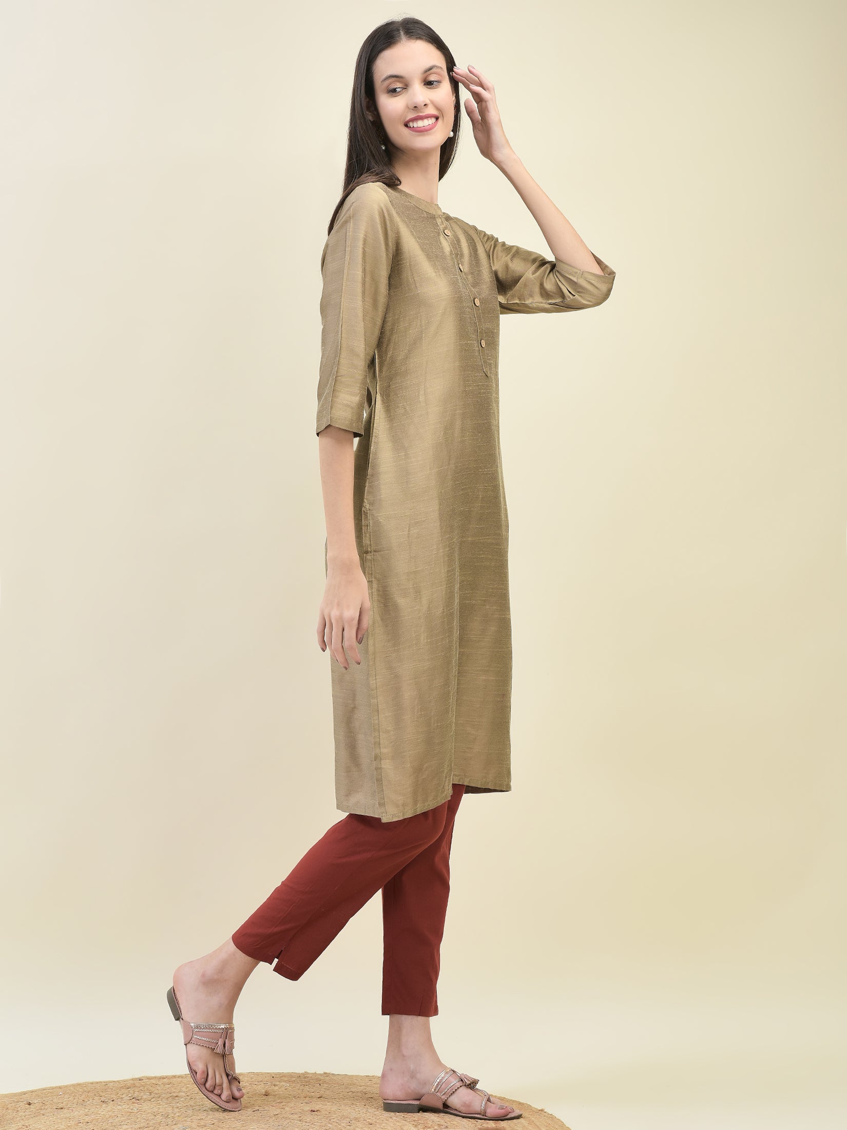 Women Poly Silk Beige Solid Kurta