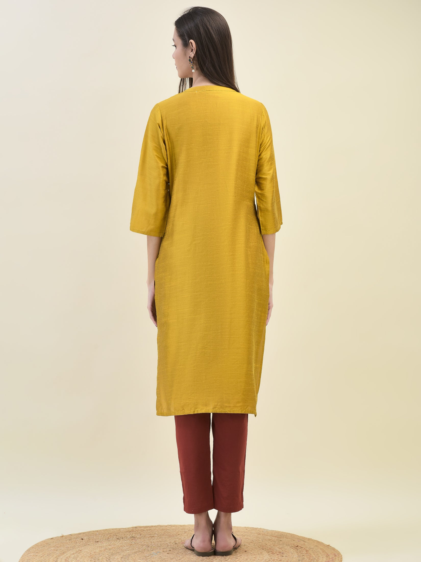 Women Poly Silk Mustard Solid Kurta