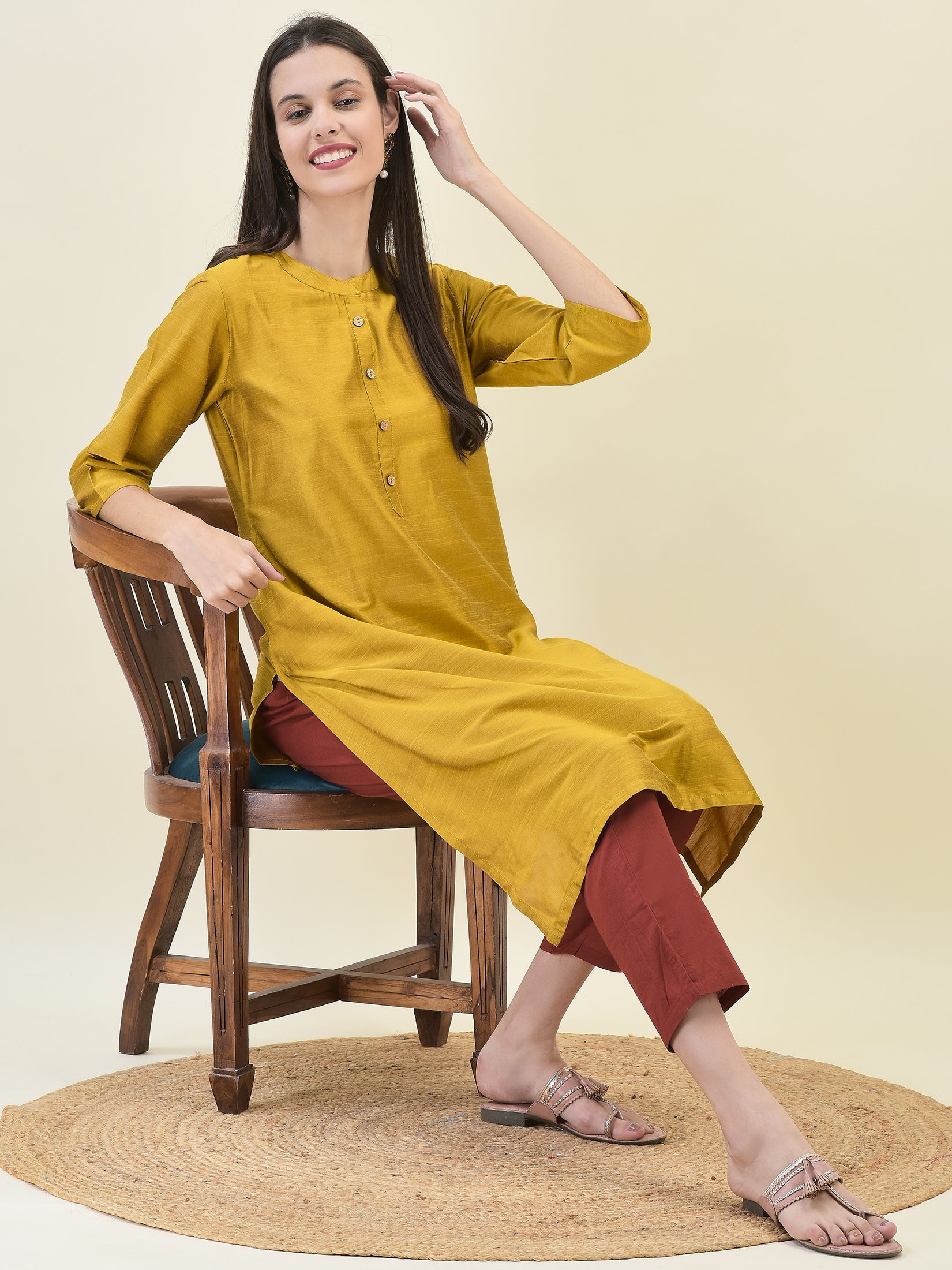 Women Poly Silk Mustard Solid Kurta