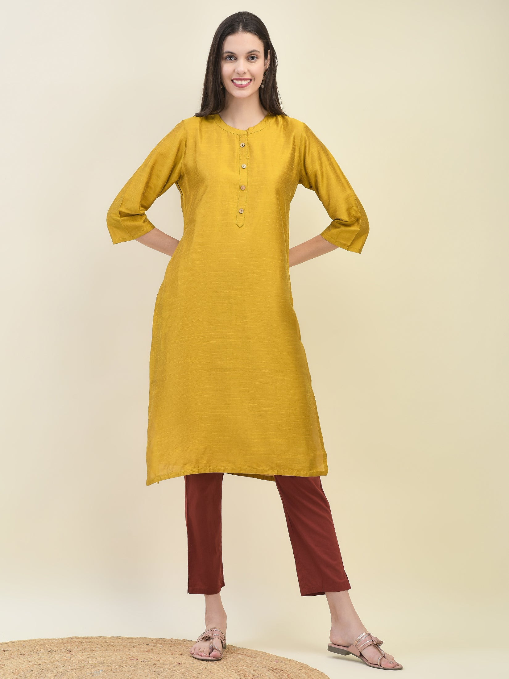 Women Poly Silk Mustard Solid Kurta