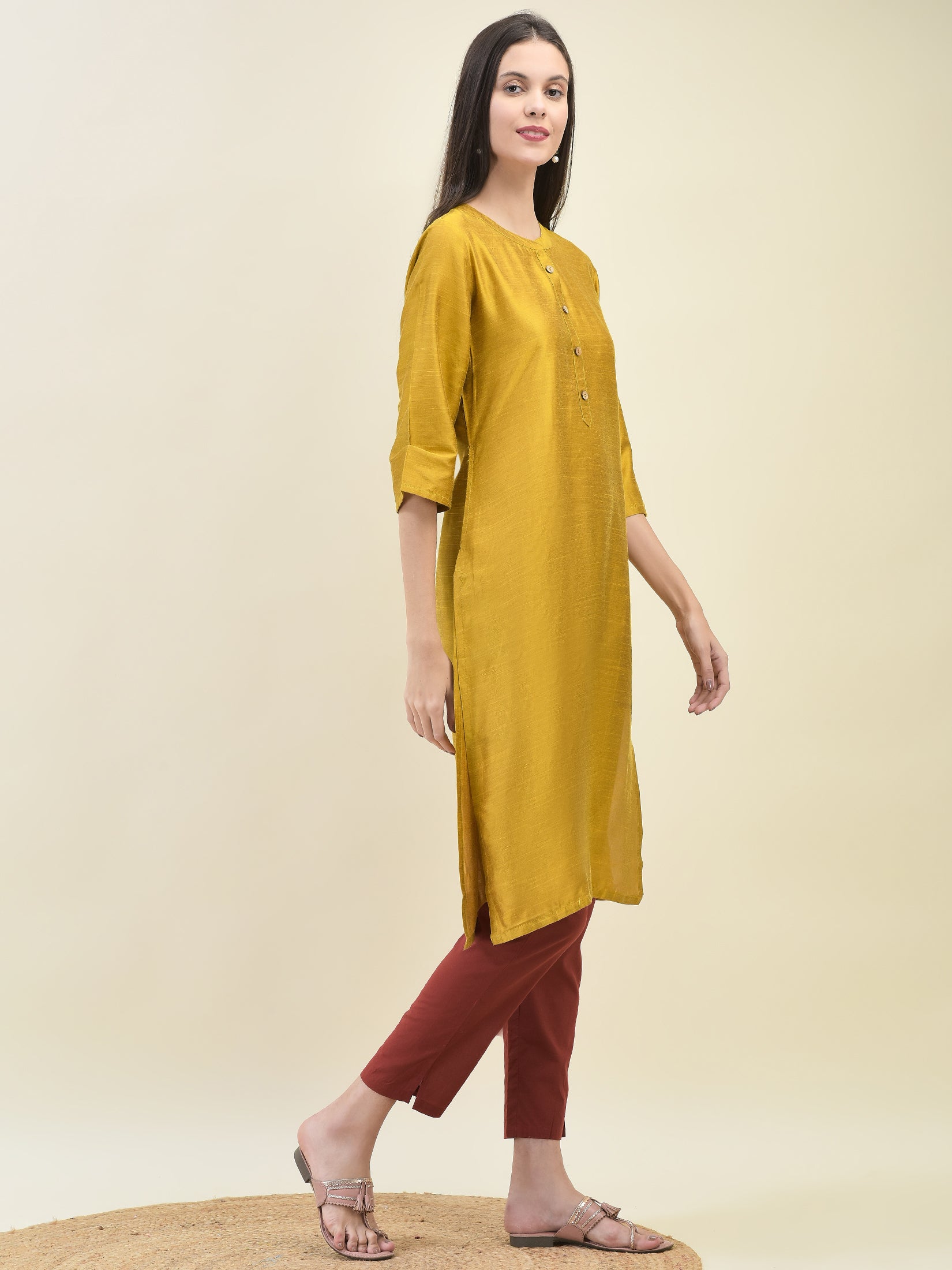 Women Poly Silk Mustard Solid Kurta