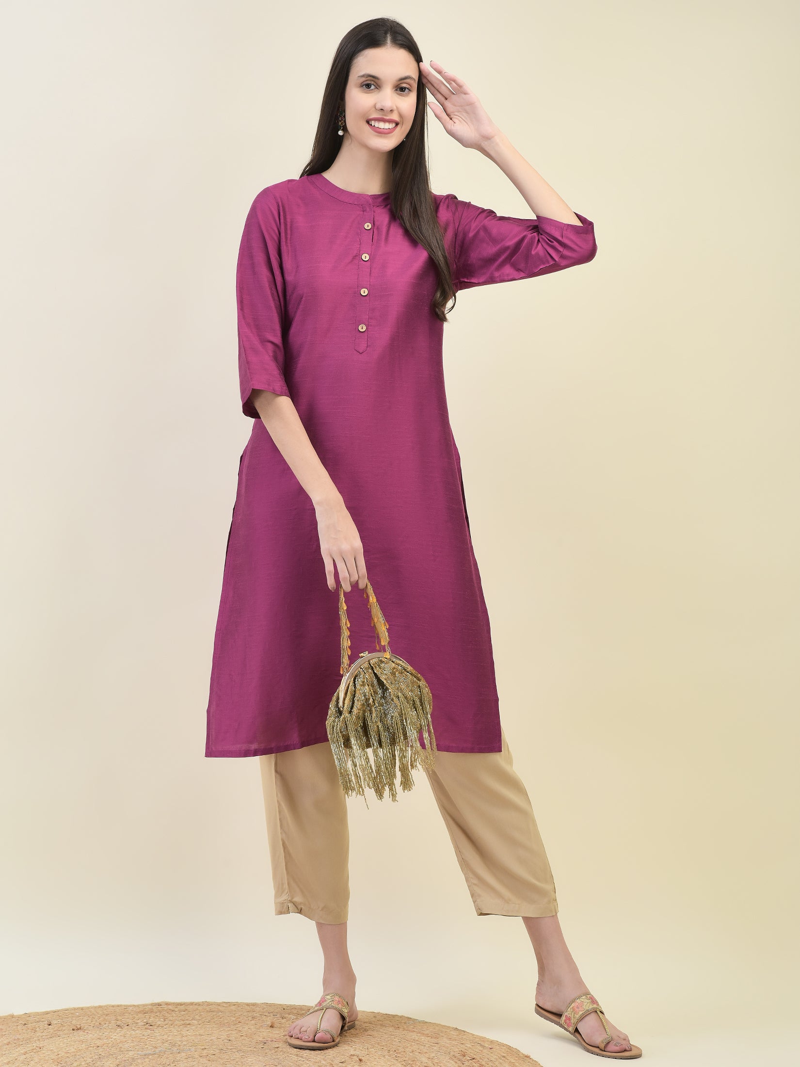 Women Poly Silk Purple Solid Kurta