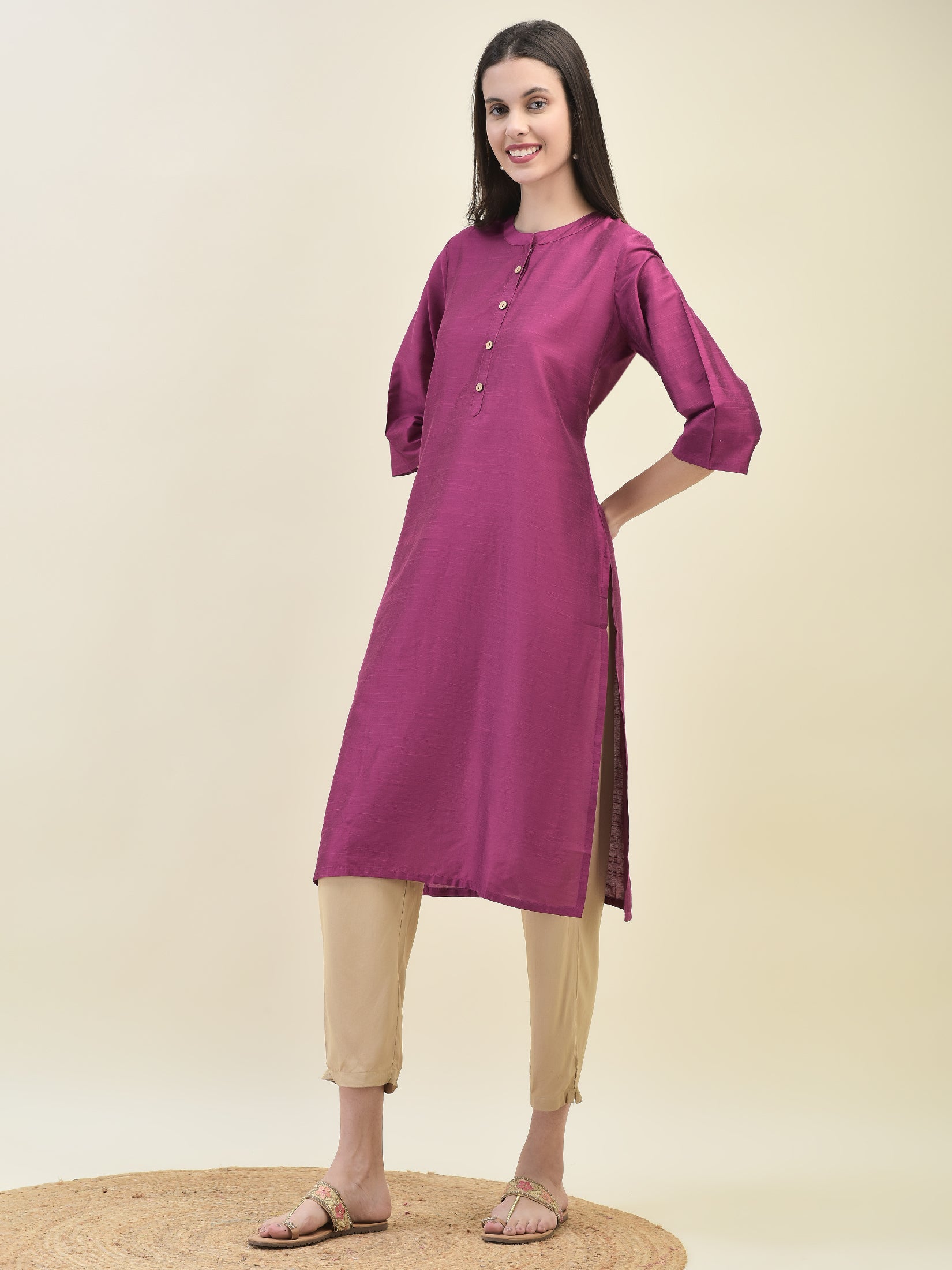 Women Poly Silk Purple Solid Kurta