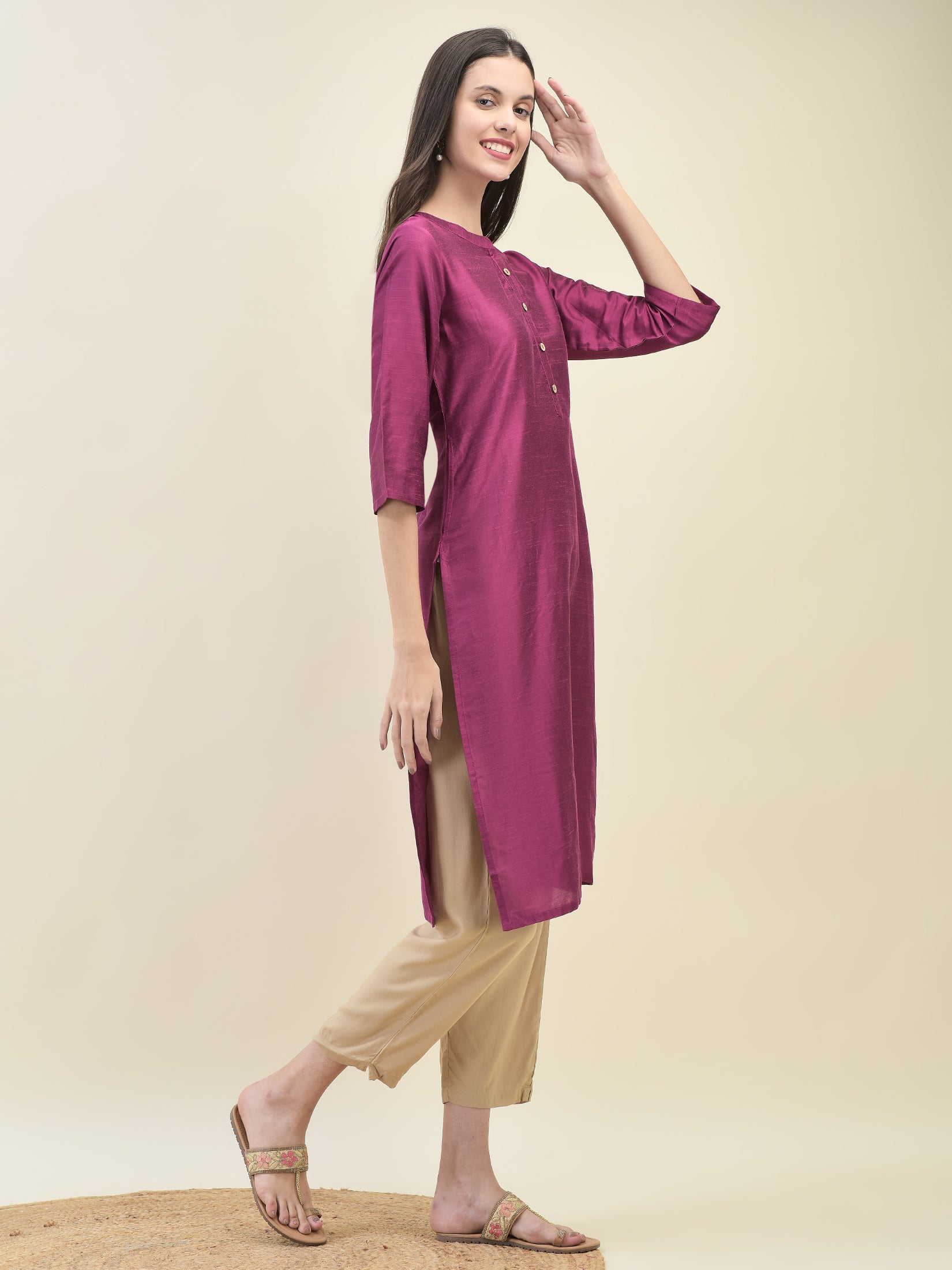 Women Poly Silk Purple Solid Kurta