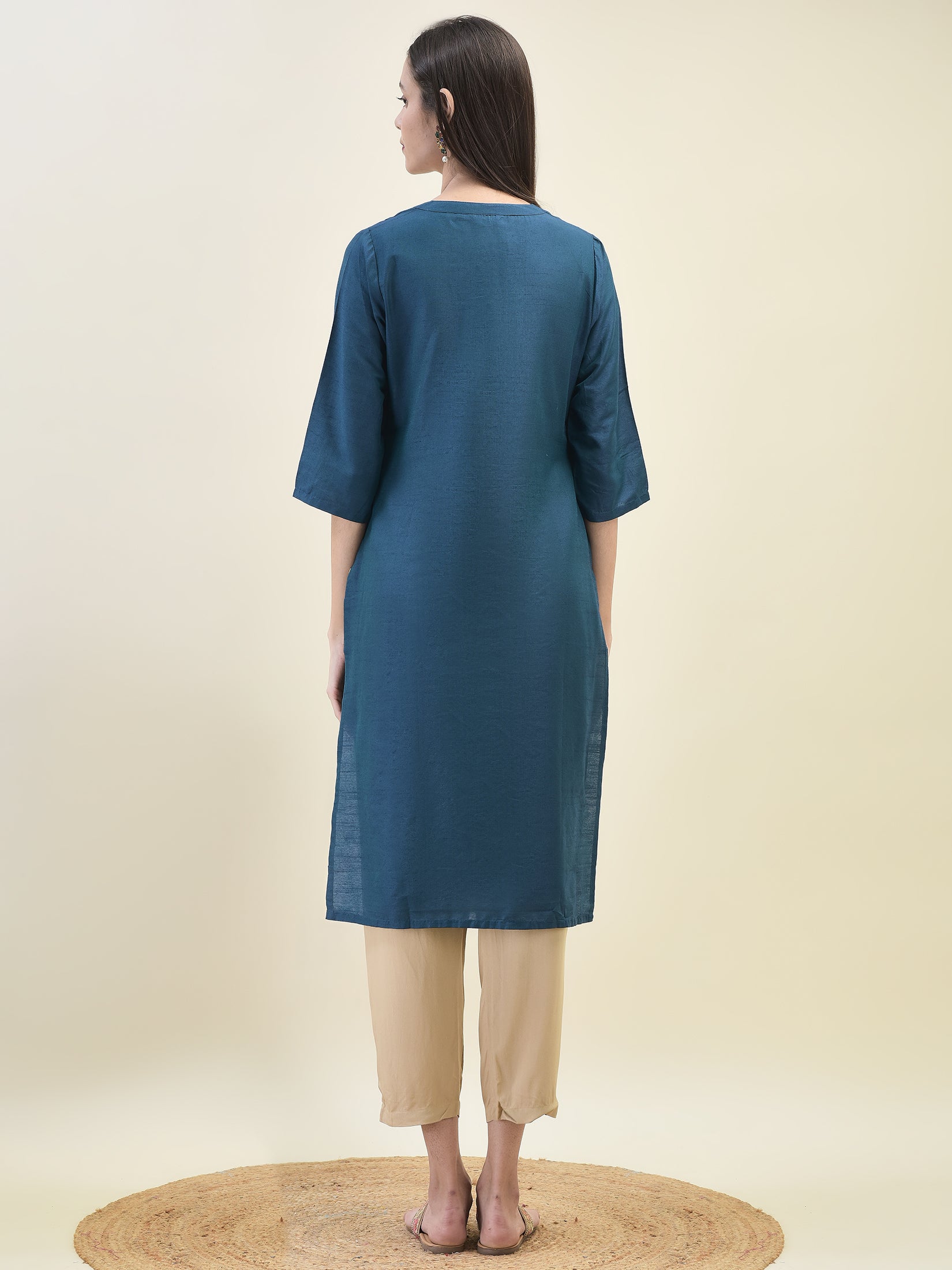 Women Poly Silk Blue Solid Kurta