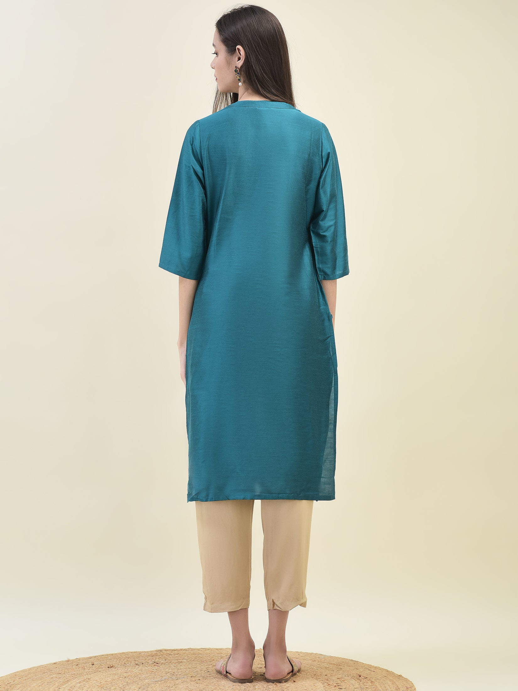 Women Poly Silk Teal Solid Kurta