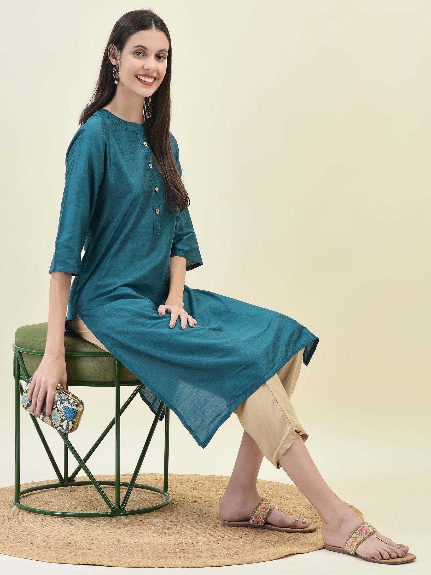 Women Poly Silk Teal Solid Kurta