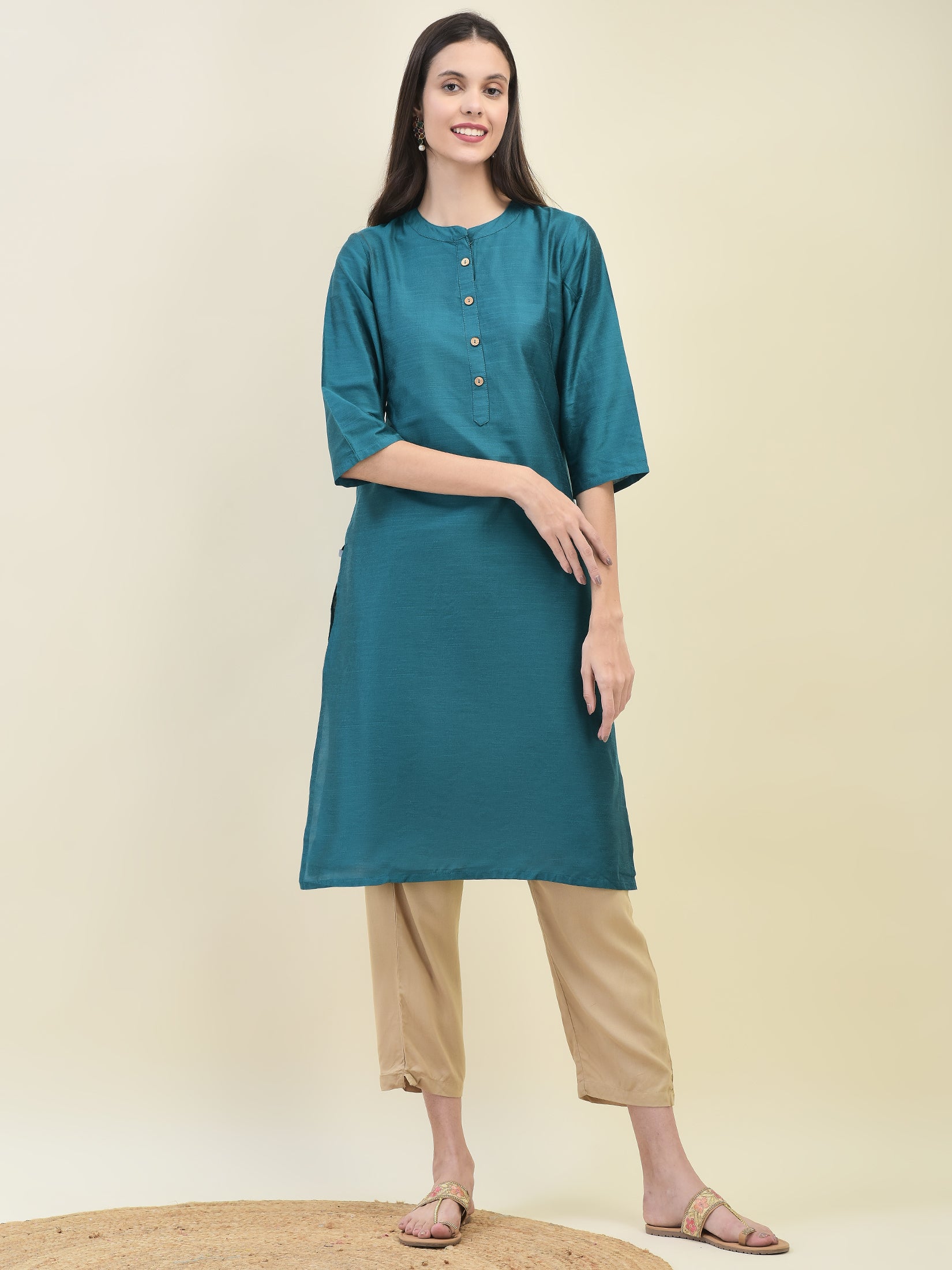 Women Poly Silk Teal Solid Kurta