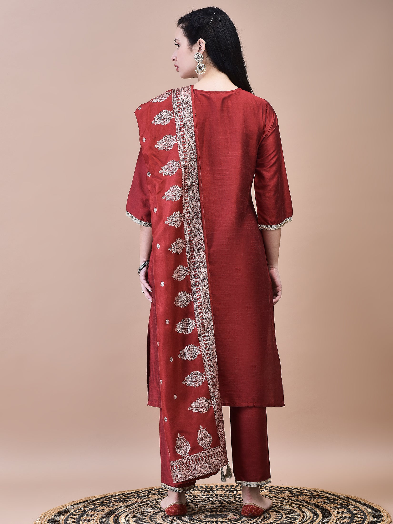 Women Poly Silk Maroon Embroidered Kurta Trouser with Dola Jacquard Dupatta