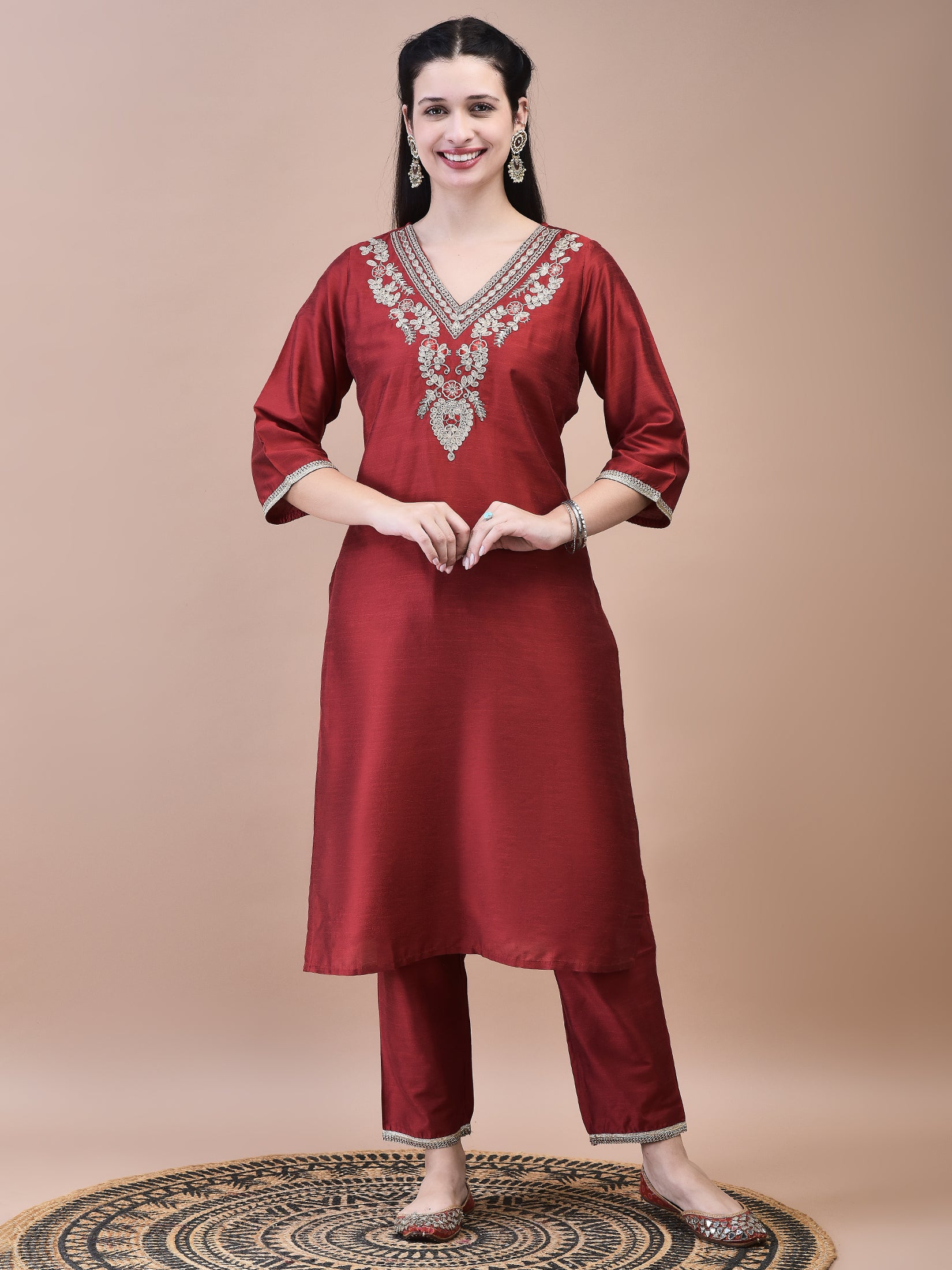 Women Poly Silk Maroon Embroidered Kurta Trouser with Dola Jacquard Dupatta