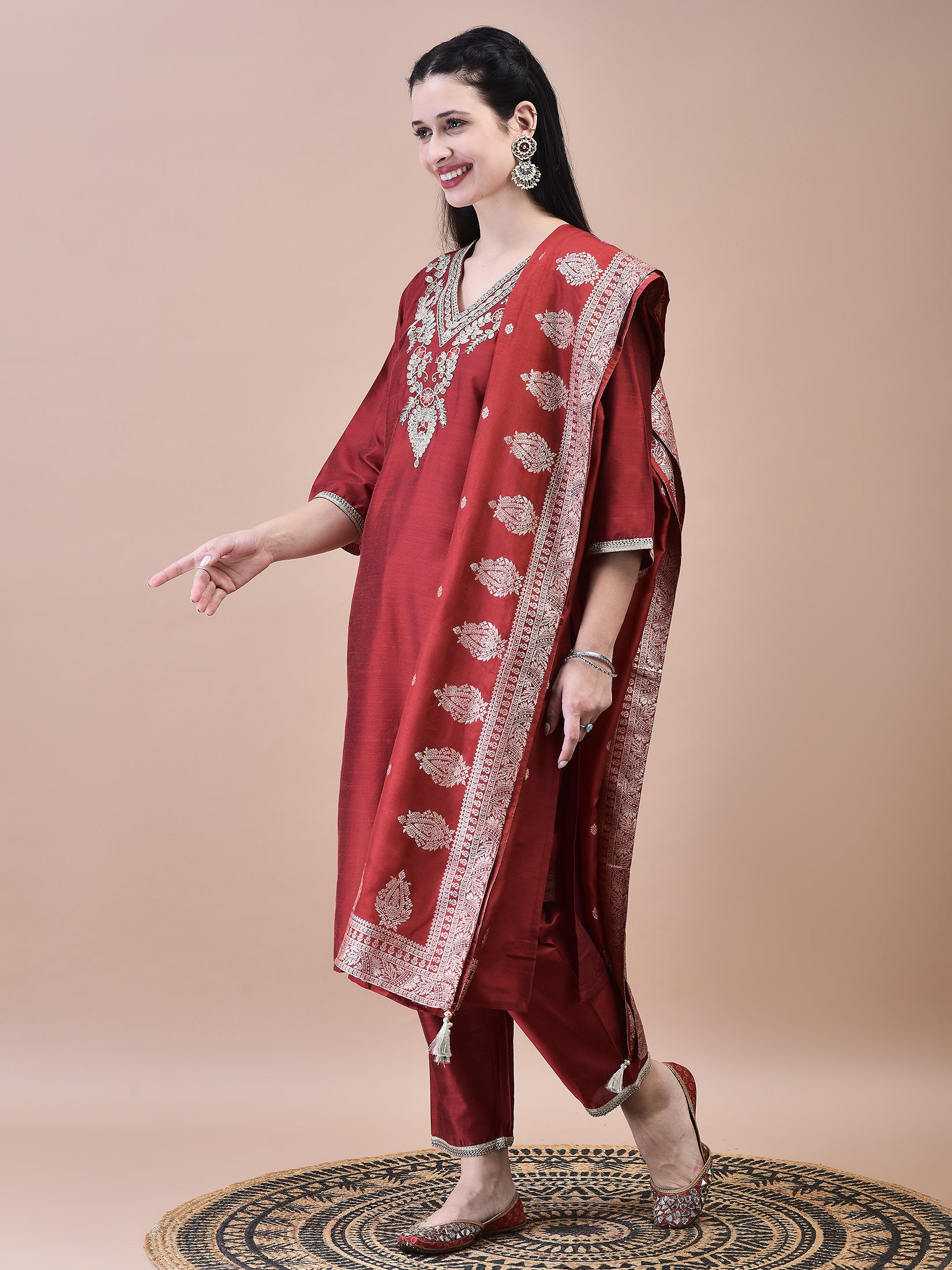 Women Poly Silk Maroon Embroidered Kurta Trouser with Dola Jacquard Dupatta