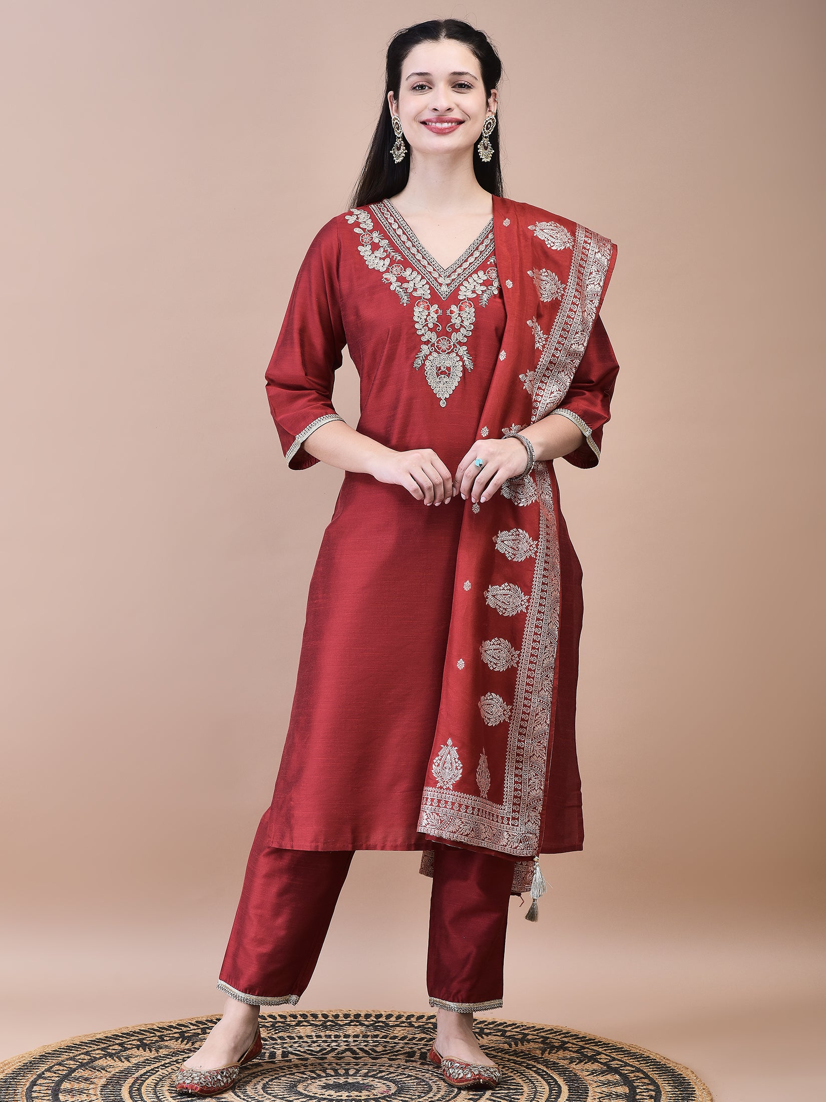 Women Poly Silk Maroon Embroidered Kurta Trouser with Dola Jacquard Dupatta