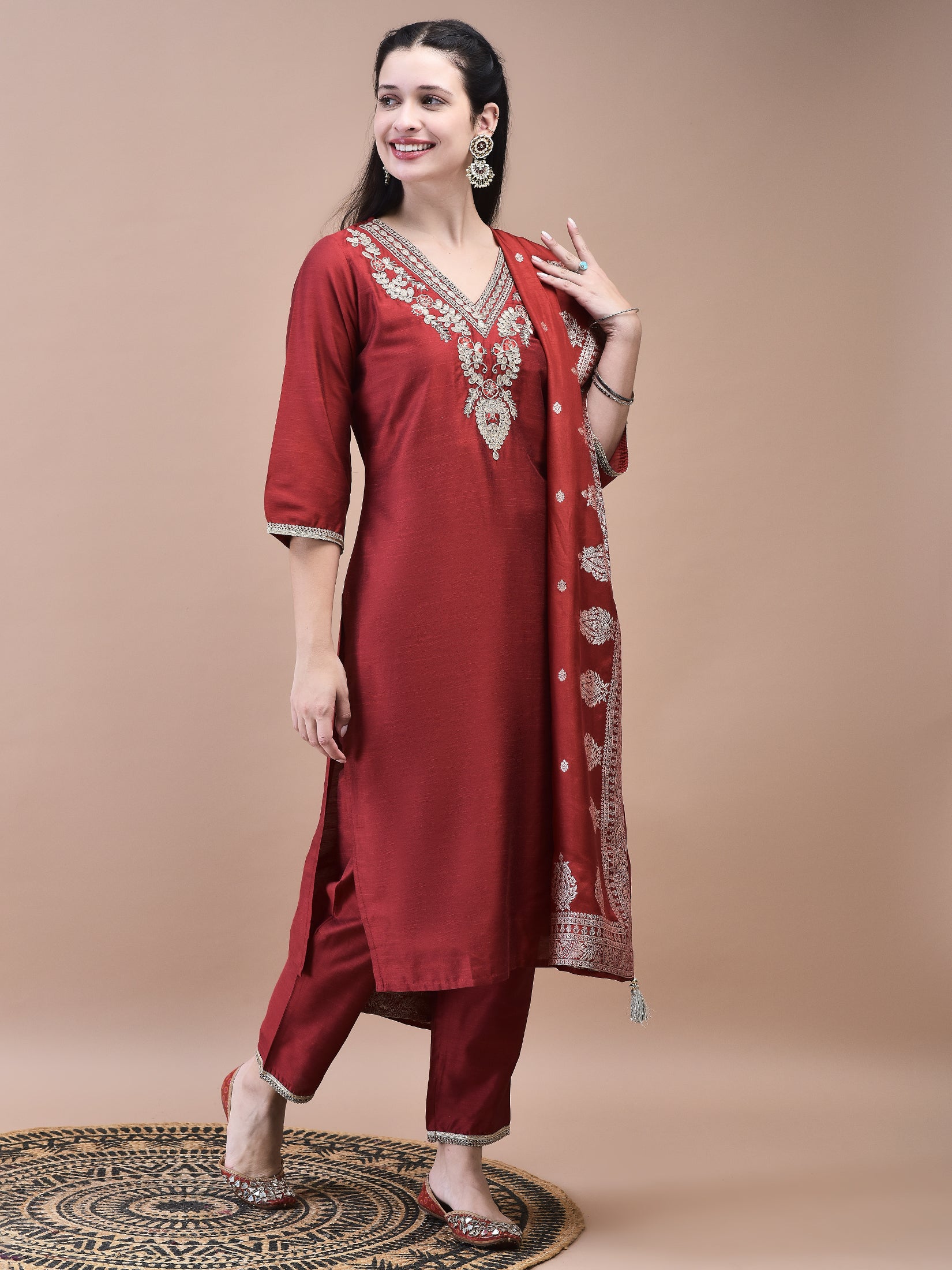 Women Poly Silk Maroon Embroidered Kurta Trouser with Dola Jacquard Dupatta