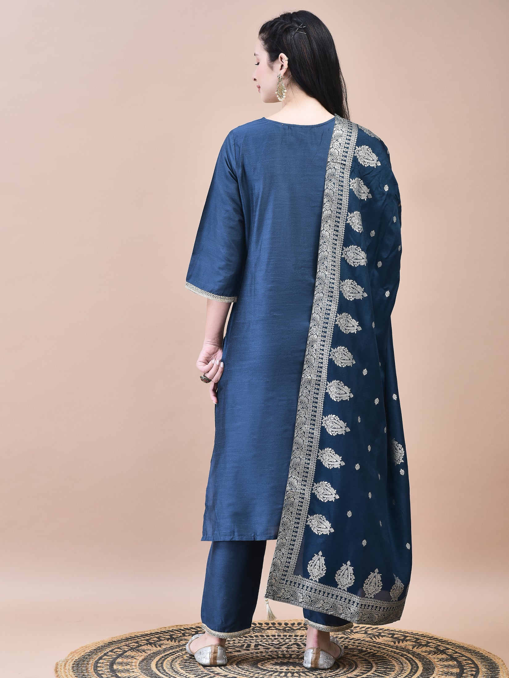 Women Poly Silk Navy Blue Embroidered Kurta Trouser with Dola Jacquard Dupatta