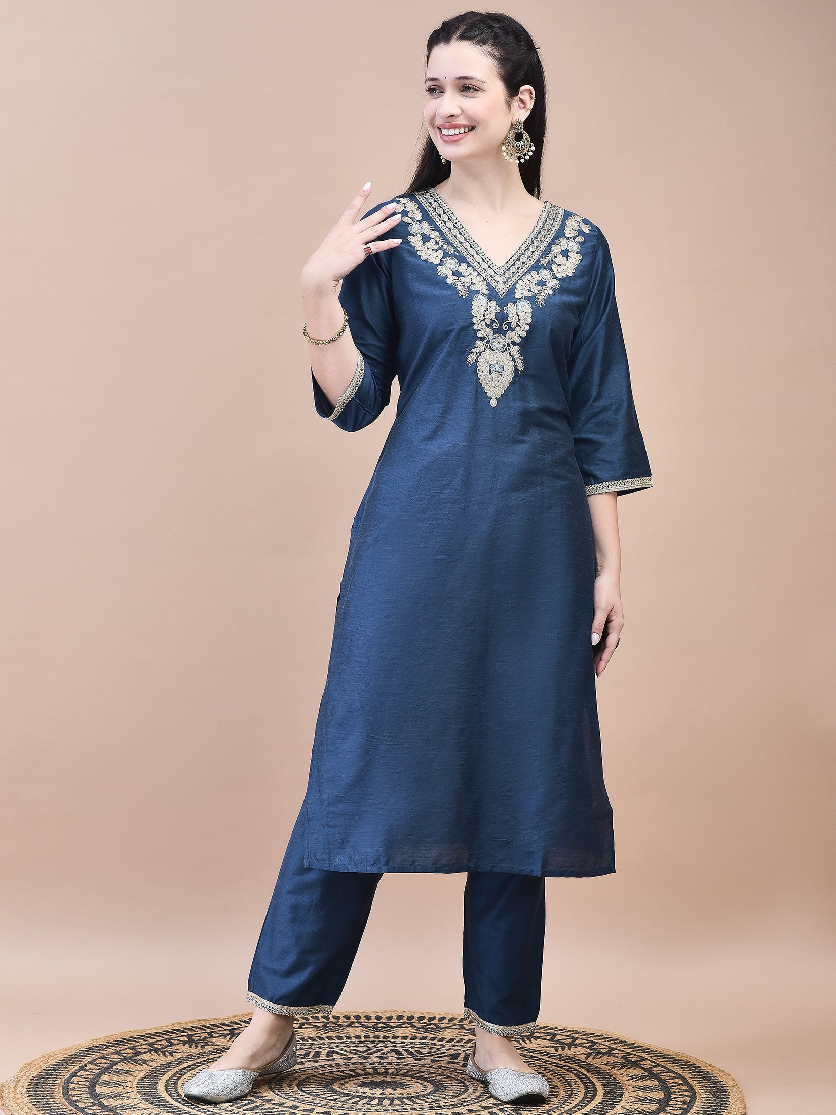 Women Poly Silk Navy Blue Embroidered Kurta Trouser with Dola Jacquard Dupatta