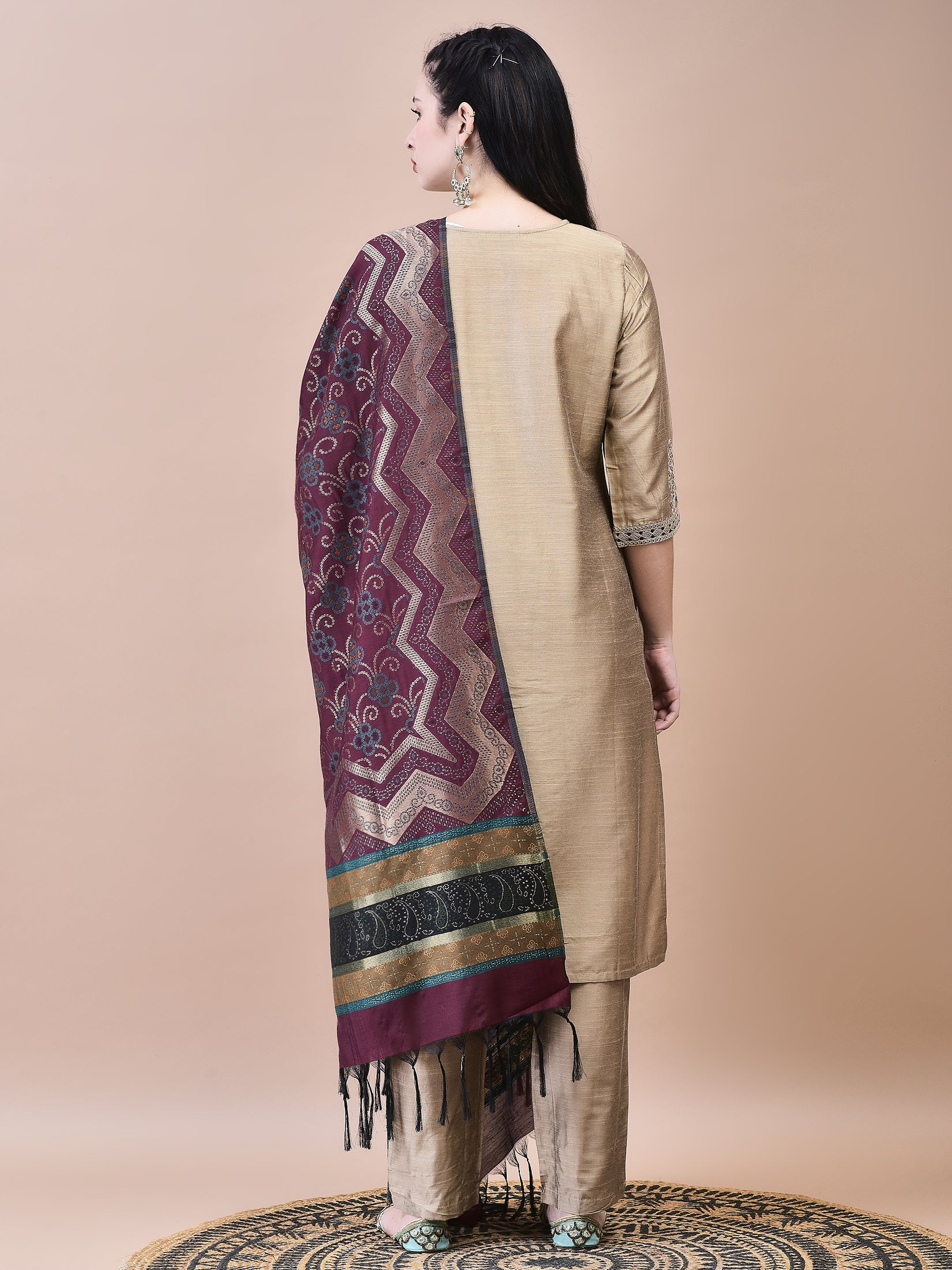 Women Poly Silk Beige Embroidered Kurta Trouser Jacquard Dupatta