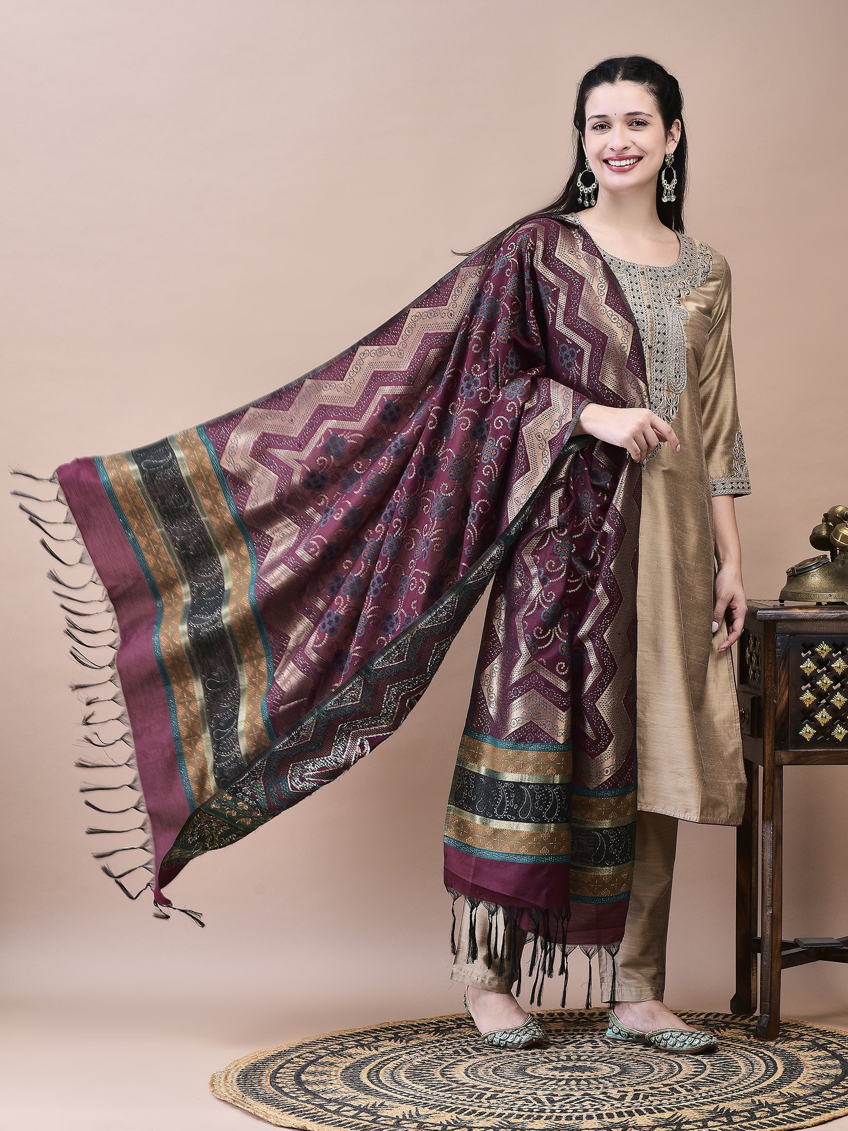 Women Poly Silk Beige Embroidered Kurta Trouser Jacquard Dupatta