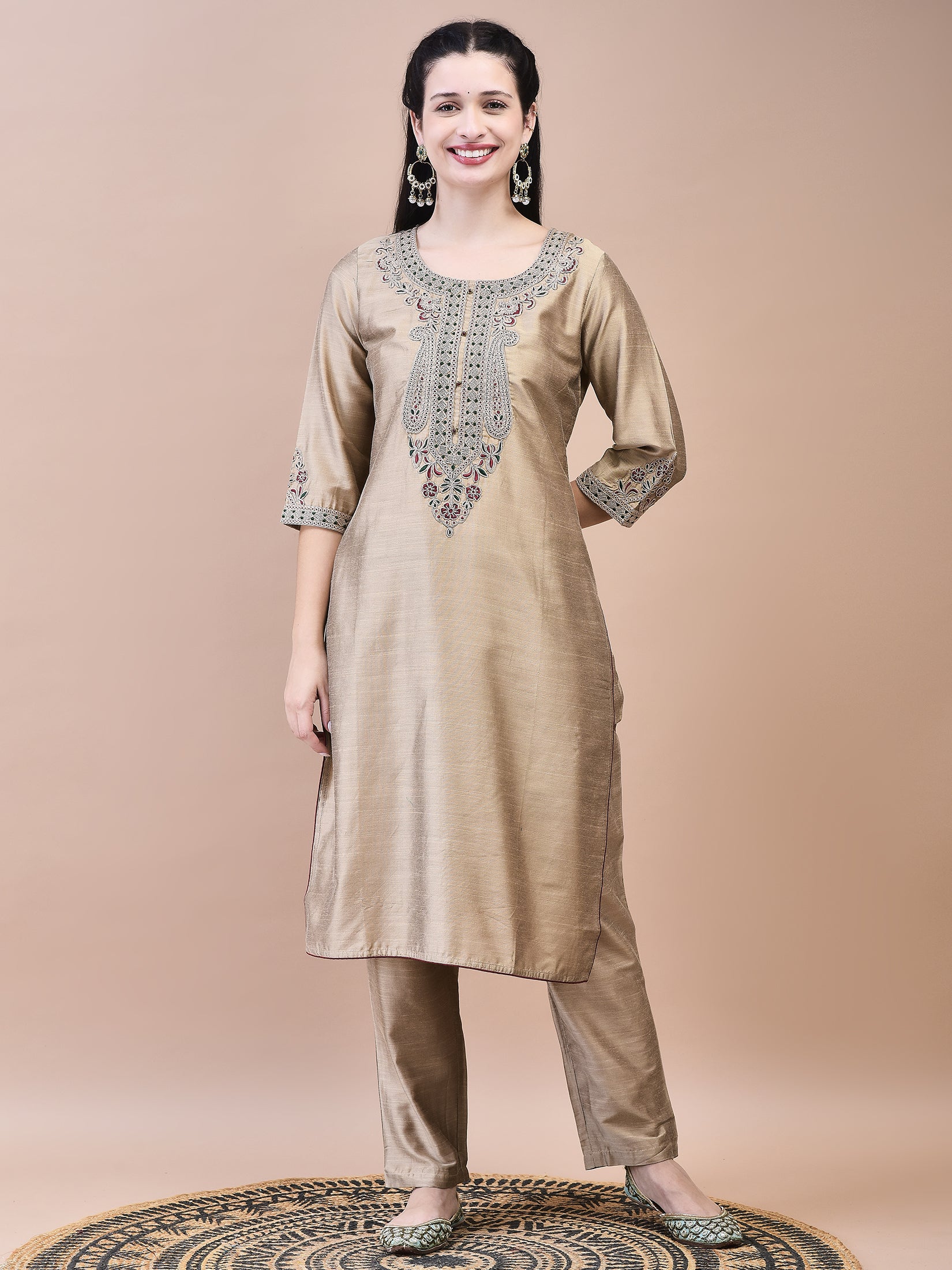 Women Poly Silk Beige Embroidered Kurta Trouser Jacquard Dupatta