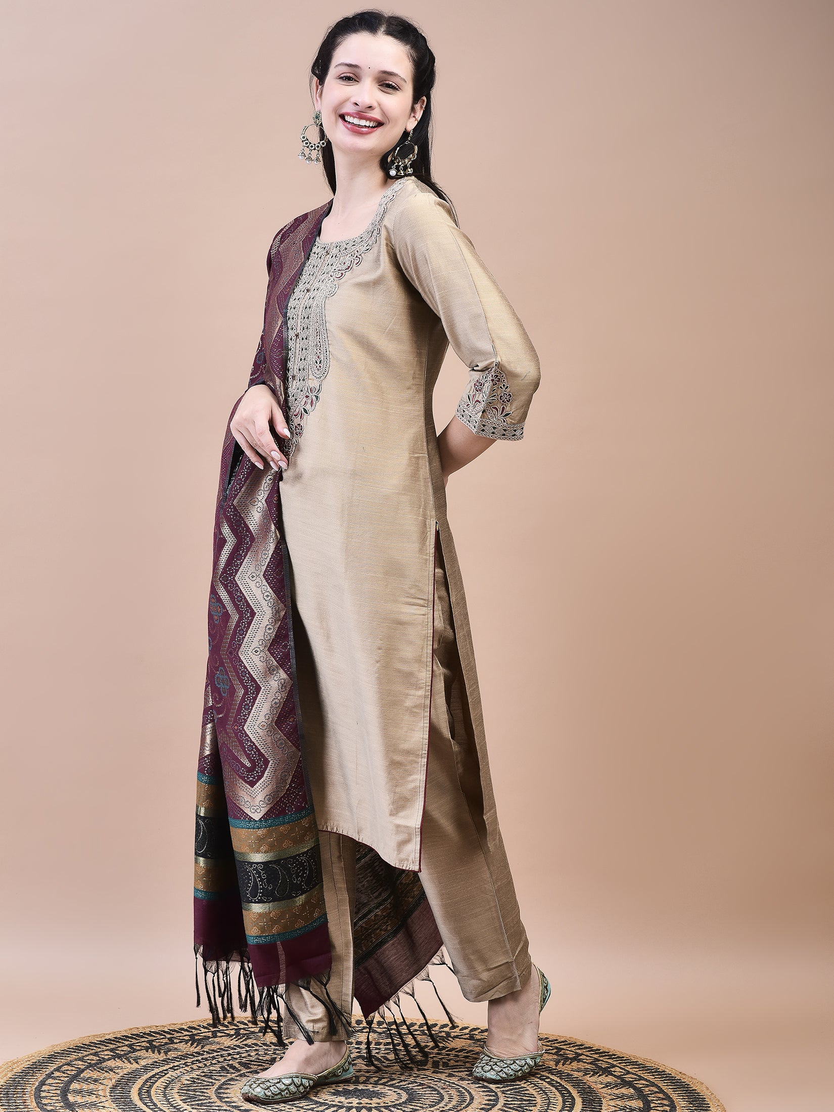 Women Poly Silk Beige Embroidered Kurta Trouser Jacquard Dupatta