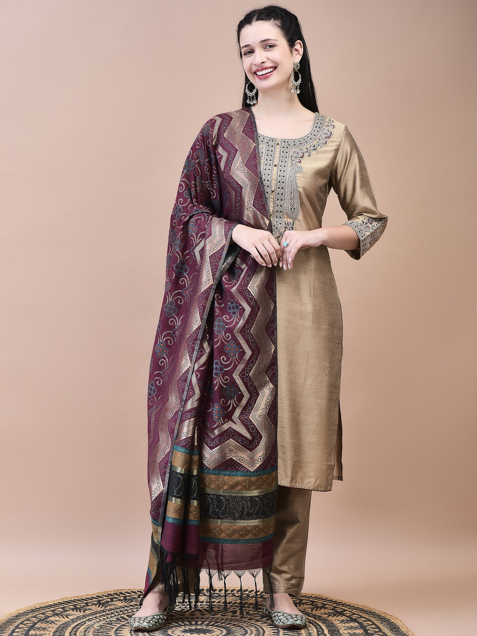 Women Poly Silk Beige Embroidered Kurta Trouser Jacquard Dupatta