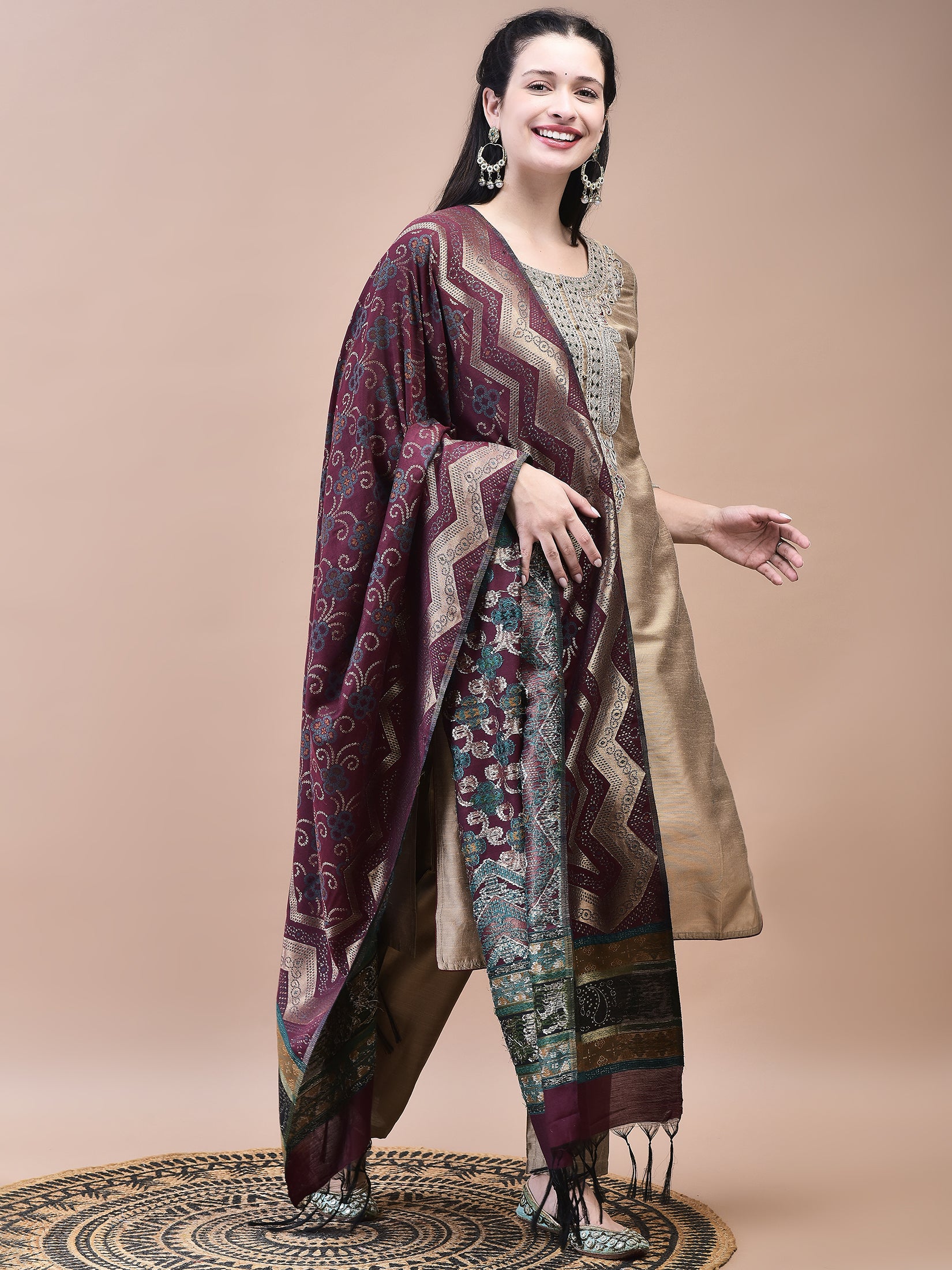 Women Poly Silk Beige Embroidered Kurta Trouser Jacquard Dupatta