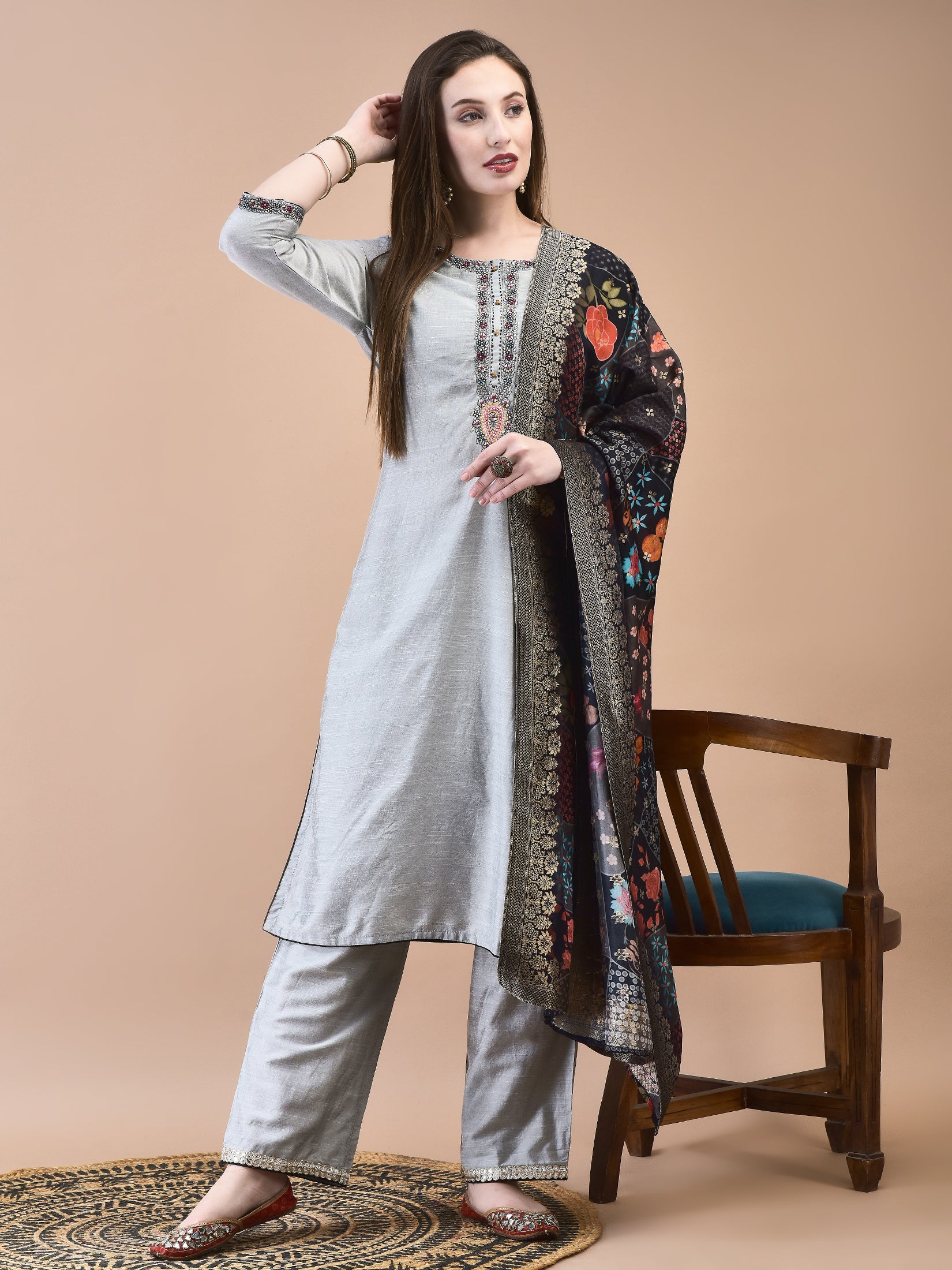 Women Poly Silk Grey Embroidered Kurta Comfort Pant Jacquard Dupatta