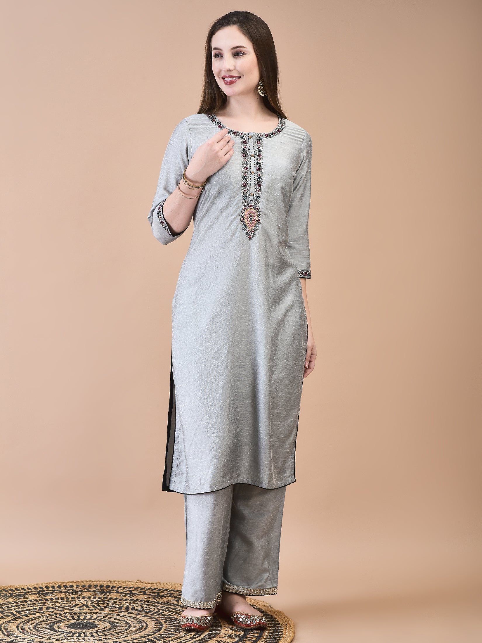 Women Poly Silk Grey Embroidered Kurta Comfort Pant Jacquard Dupatta