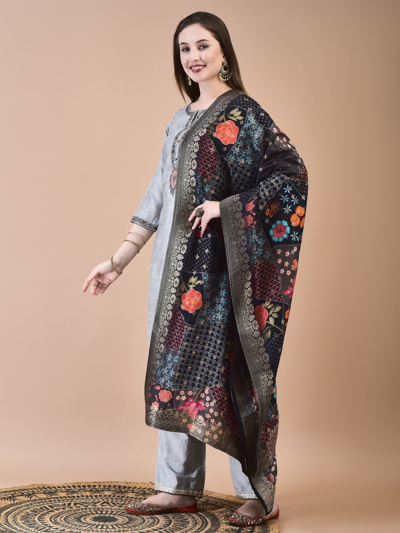 Women Poly Silk Grey Embroidered Kurta Comfort Pant Jacquard Dupatta