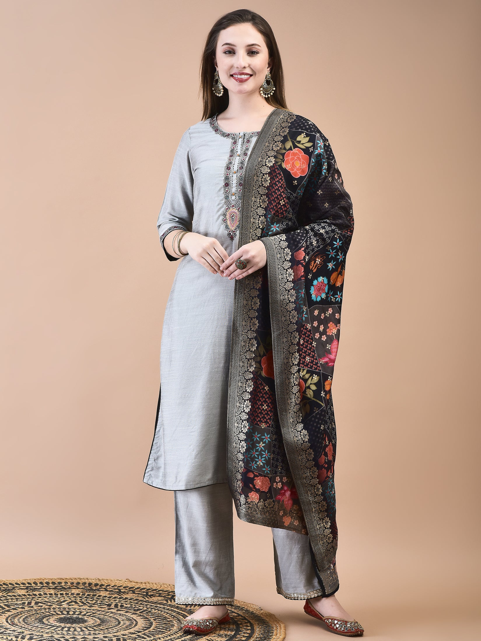 Women Poly Silk Grey Embroidered Kurta Comfort Pant Jacquard Dupatta