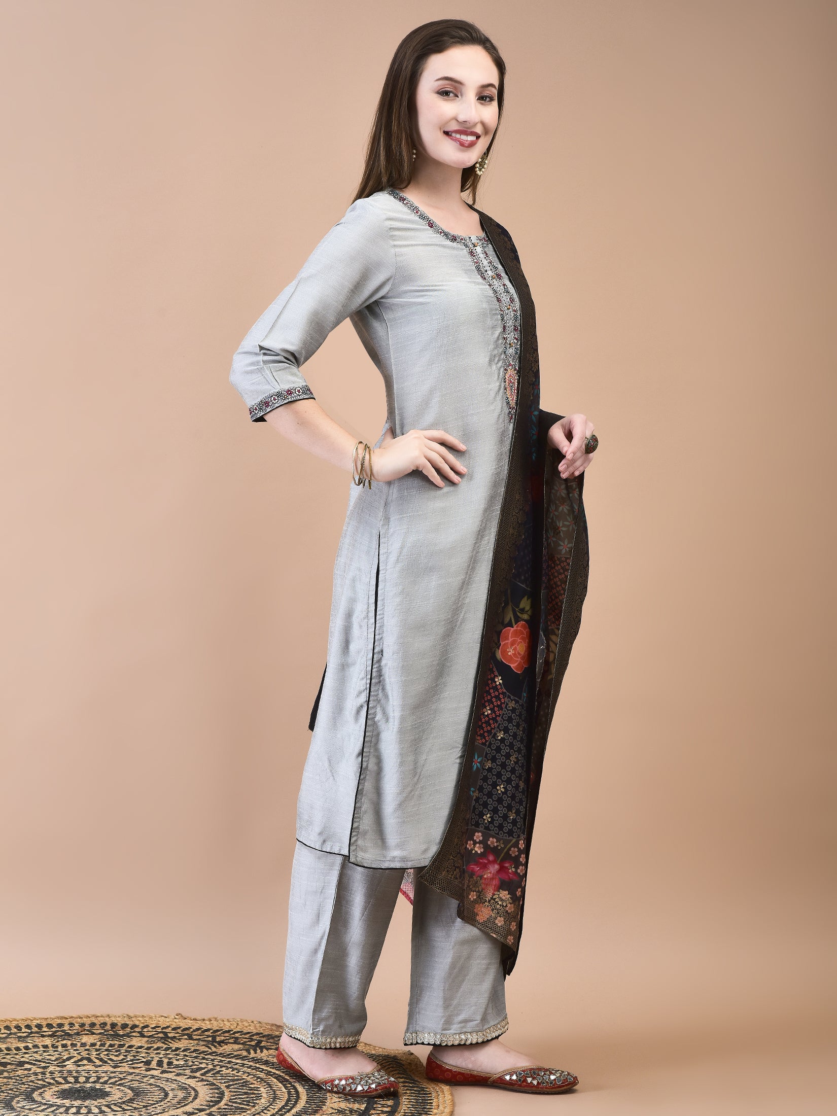 Women Poly Silk Grey Embroidered Kurta Comfort Pant Jacquard Dupatta