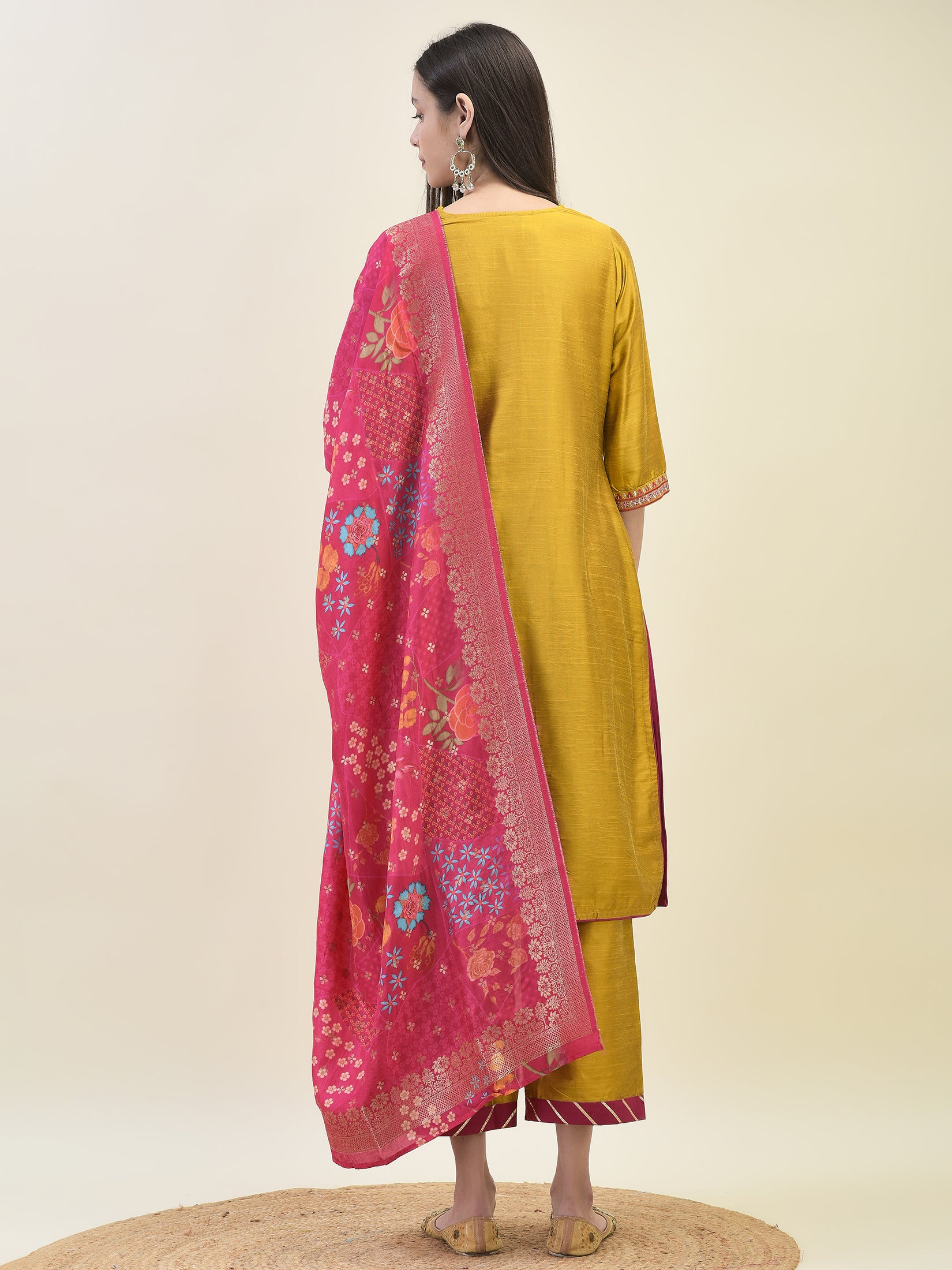 Women Poly Silk Mustard Embroidered Kurta Comfort Pant Dupatta