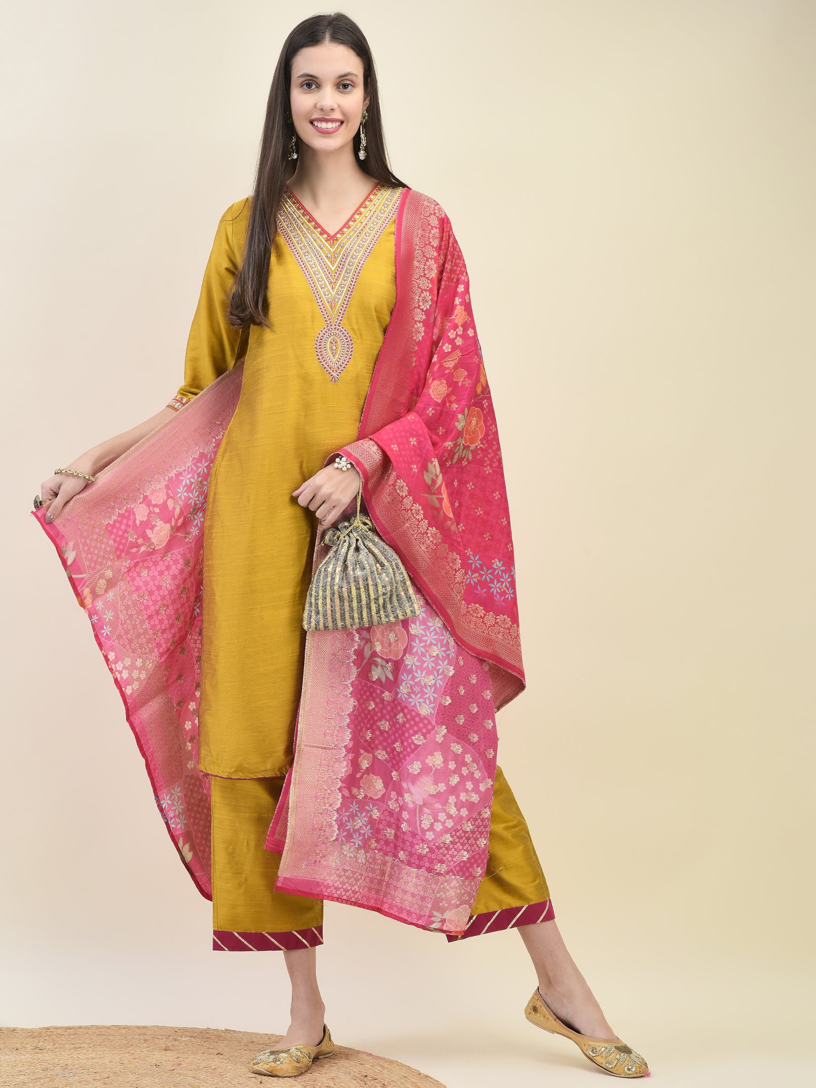 Women Poly Silk Mustard Embroidered Kurta Comfort Pant Dupatta