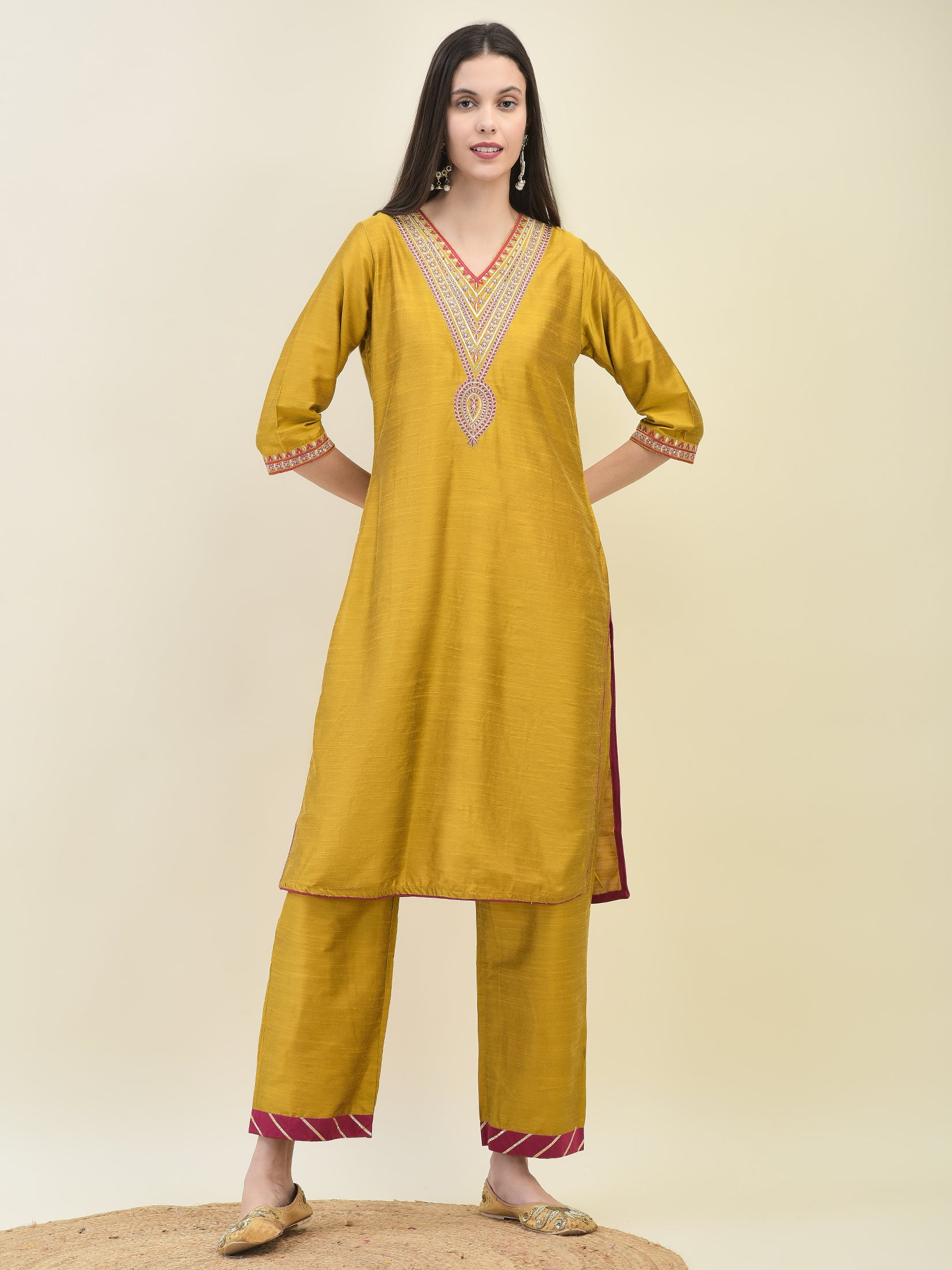 Women Poly Silk Mustard Embroidered Kurta Comfort Pant Dupatta