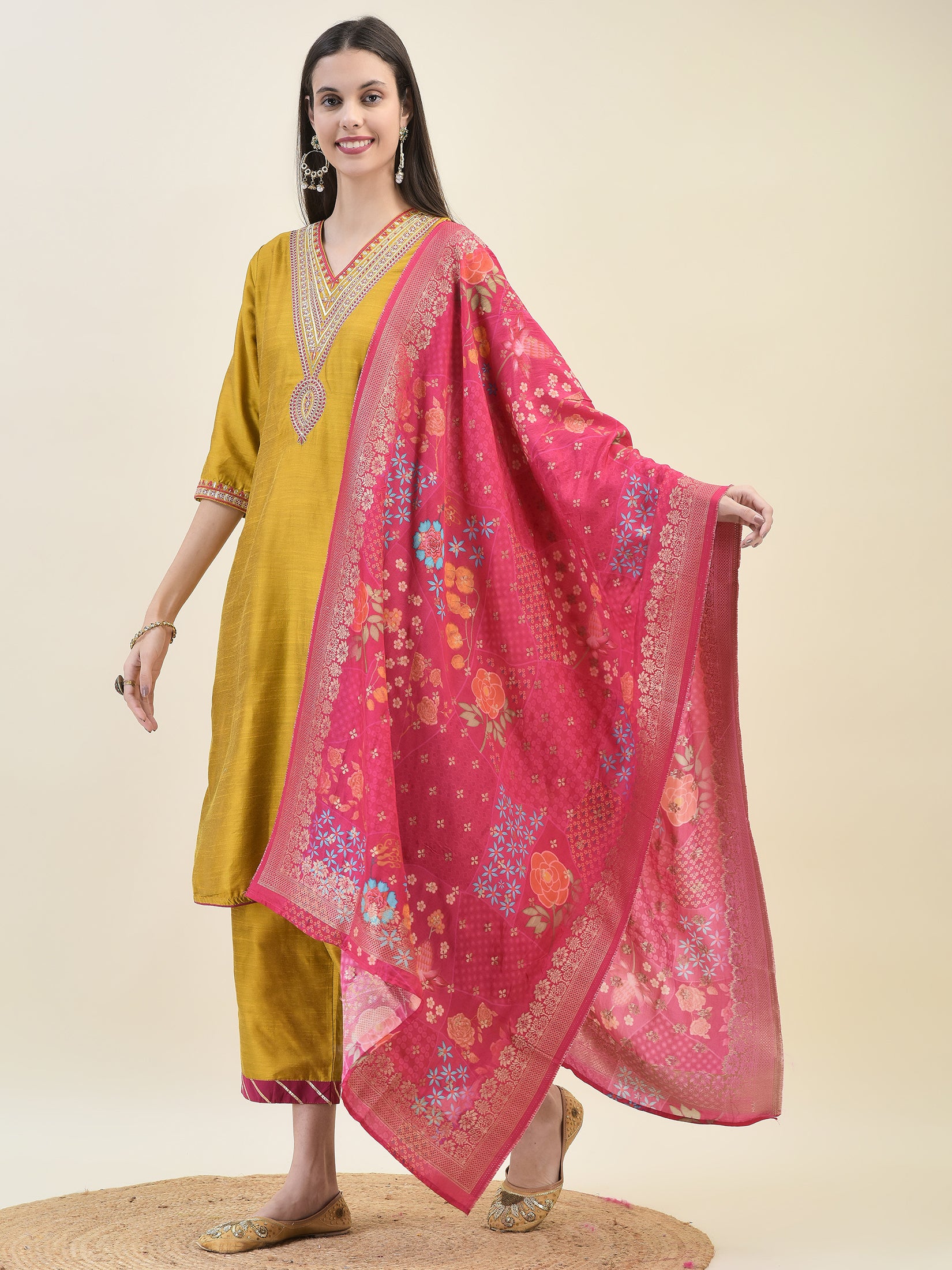 Women Poly Silk Mustard Embroidered Kurta Comfort Pant Dupatta