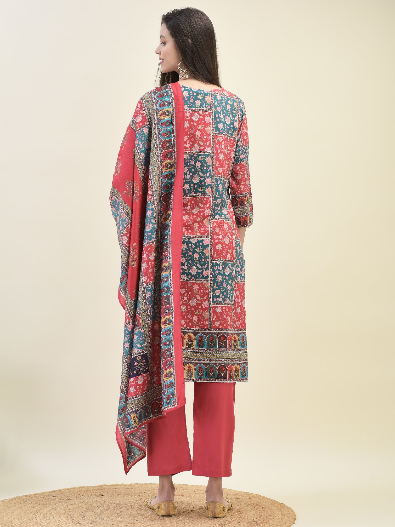 Women Liva Rayon Red Ornamental Print Kurta Comfort Pant Dupatta