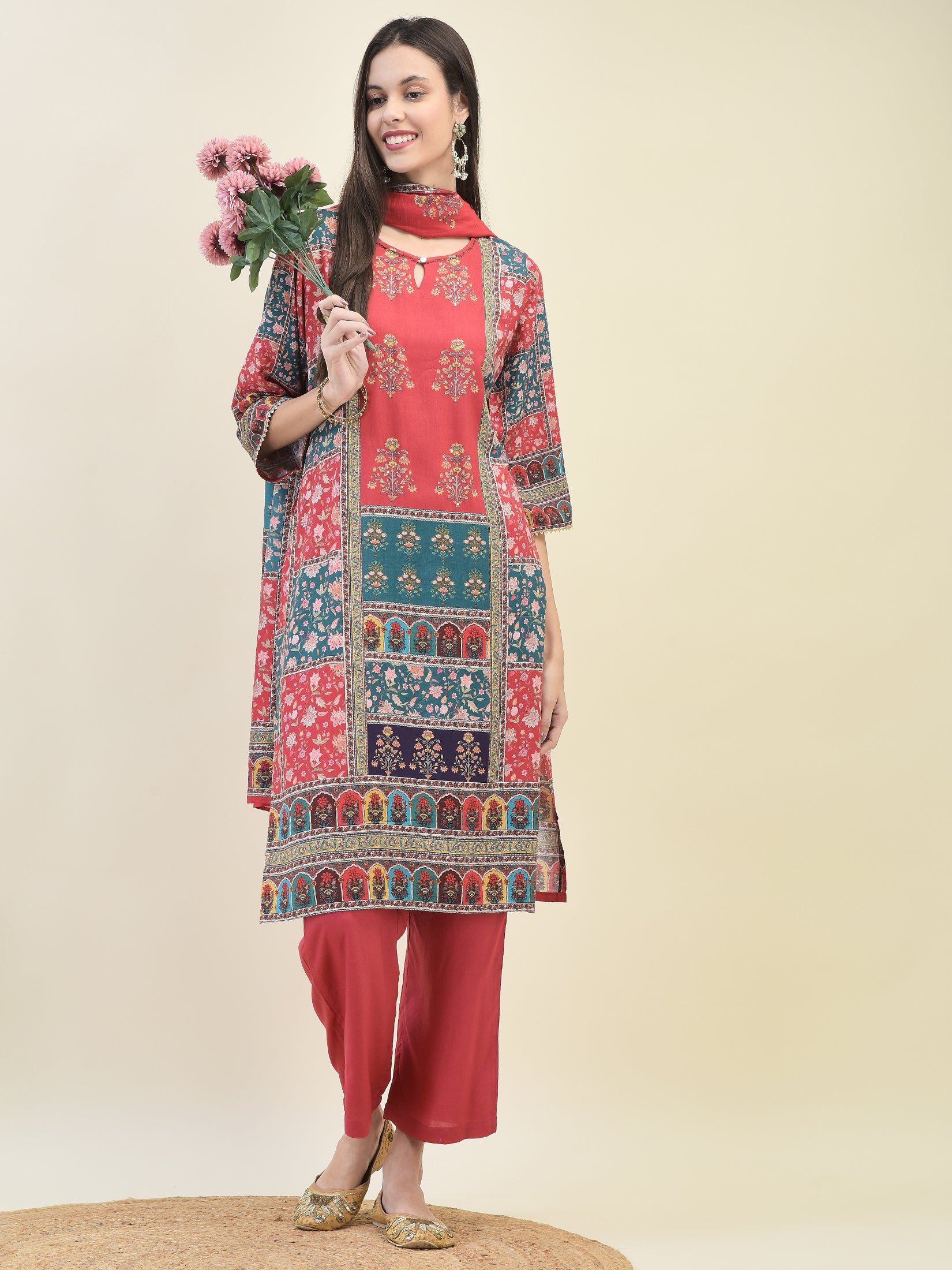 Women Liva Rayon Red Ornamental Print Kurta Comfort Pant Dupatta