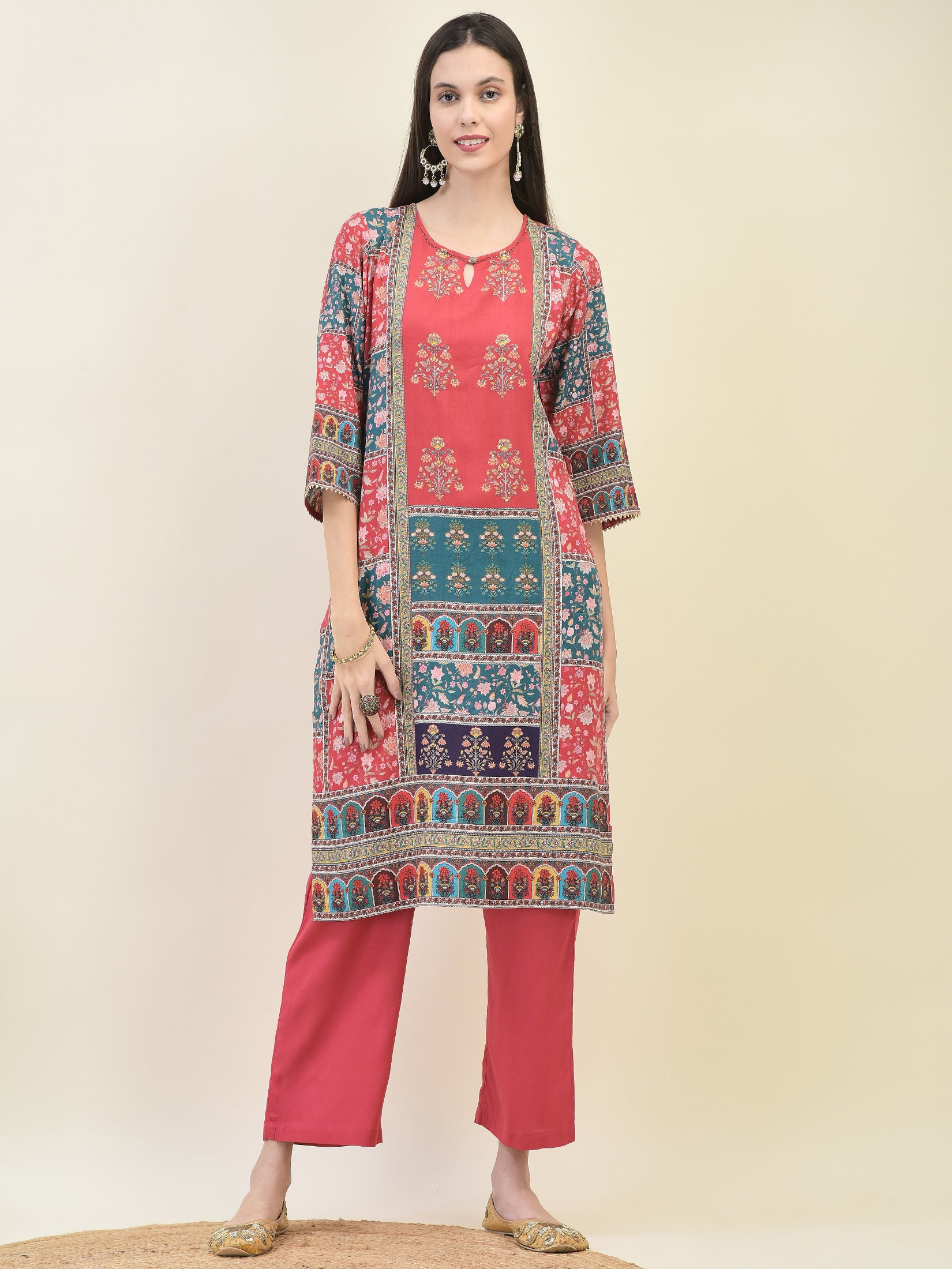 Women Liva Rayon Red Ornamental Print Kurta Comfort Pant Dupatta