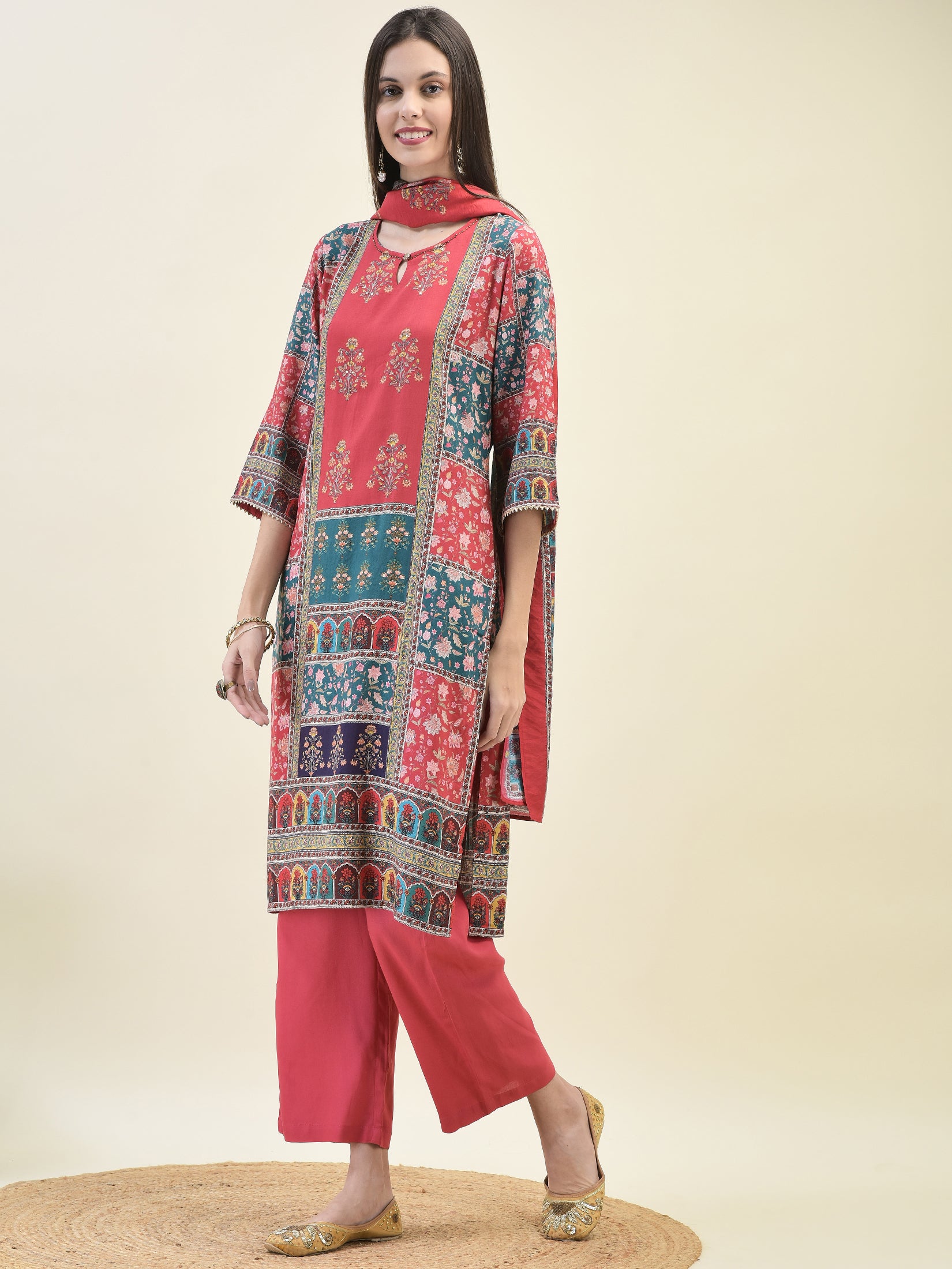 Women Liva Rayon Red Ornamental Print Kurta Comfort Pant Dupatta