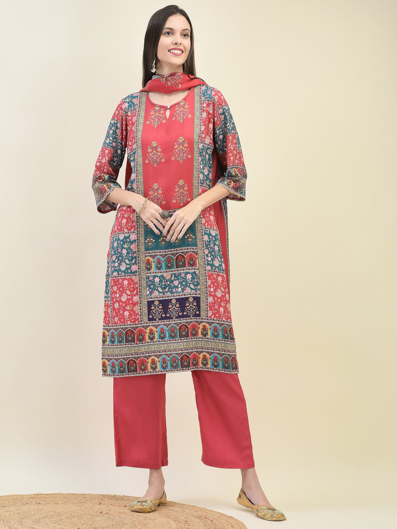 Women Liva Rayon Red Ornamental Print Kurta Comfort Pant Dupatta