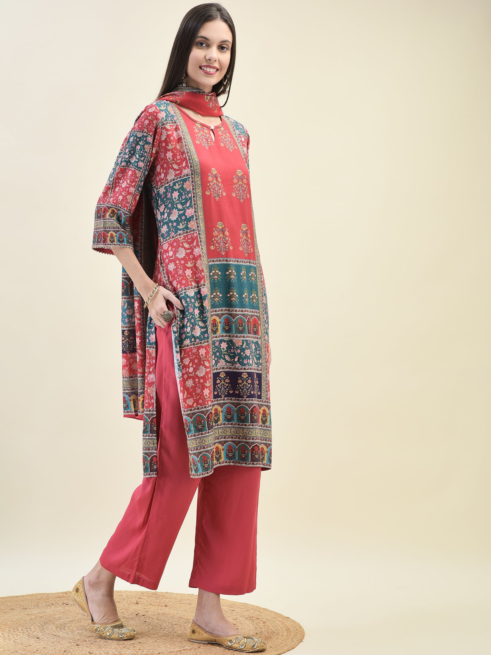 Women Liva Rayon Red Ornamental Print Kurta Comfort Pant Dupatta