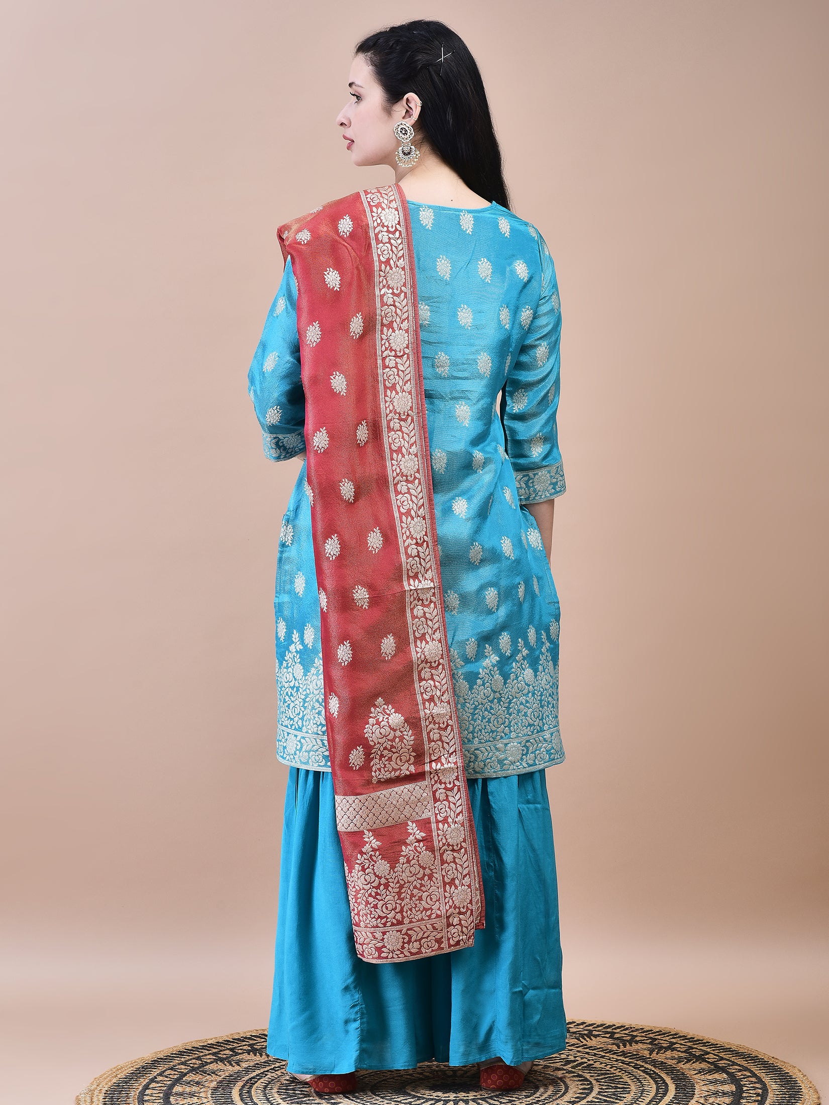 Women Dola Jacquard Blue Woven Kurta Sharara Dupatta